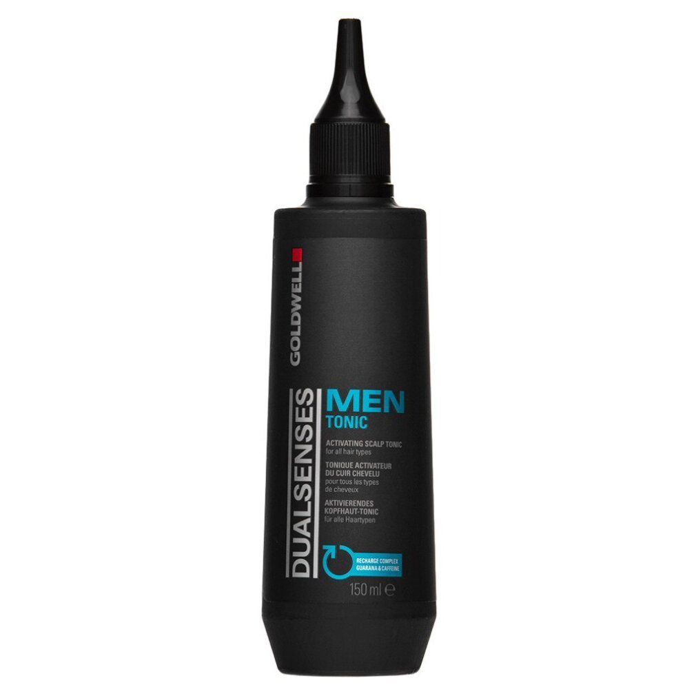 Flacon noir avec applicateur noir. Inscription: Goldwell Dualsenses Men Tonic. Tonique activateur cuir chevelu. 150ml.