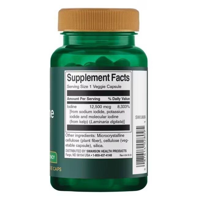 Flacon vert avec bouchon marron. Étiquette avec informations nutritionnelles, ingrédients et fabricant. Capsules visibles.