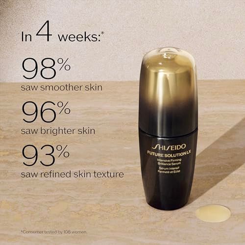 Flacon avec texte. Texte: En 4 semaines: 98% peau plus lisse, 96% peau plus éclatante, 93% texture de peau affinée. SHISEIDO FUTURE SOLUTION LX.