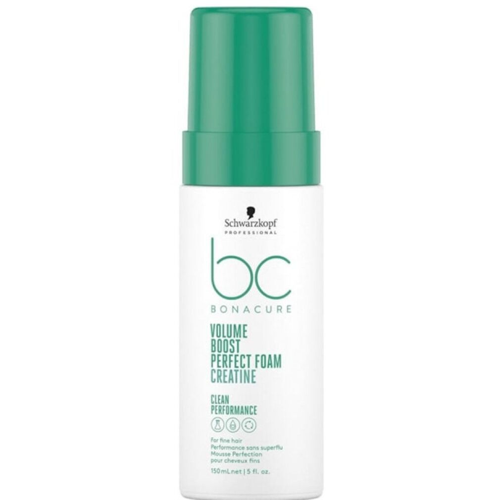 Wit-groene fles met spuitkop. Opschrift: BC Bonacure, Volume Boost Perfect Foam, Creatine. Logo: Schwarzkopf.