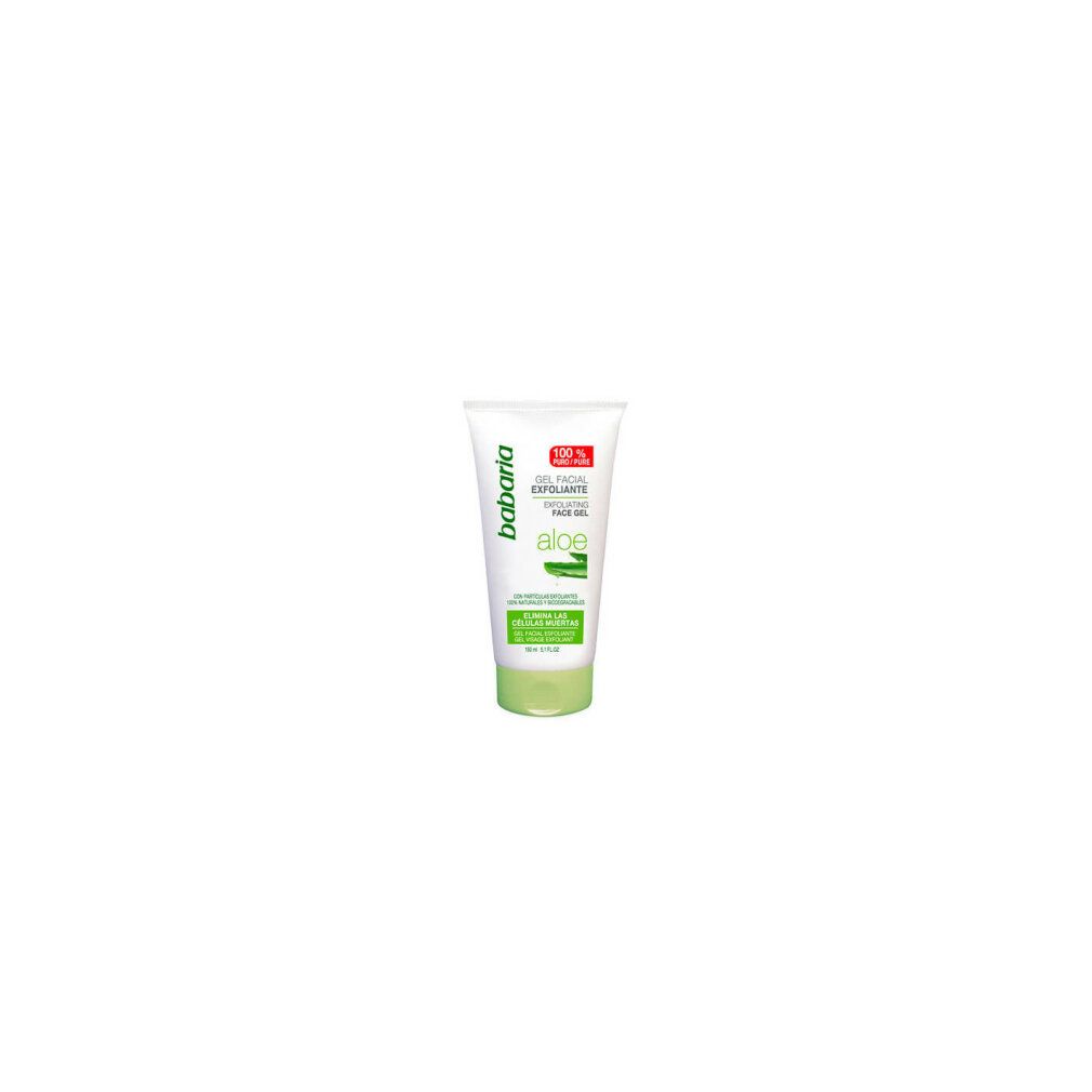 Babaria Aloe Facial Exfoliating Gel tube. Witte tube met groene dop. Tekst: 'Aloe', 'Gel Facial Exfoliante', '100% puro'.