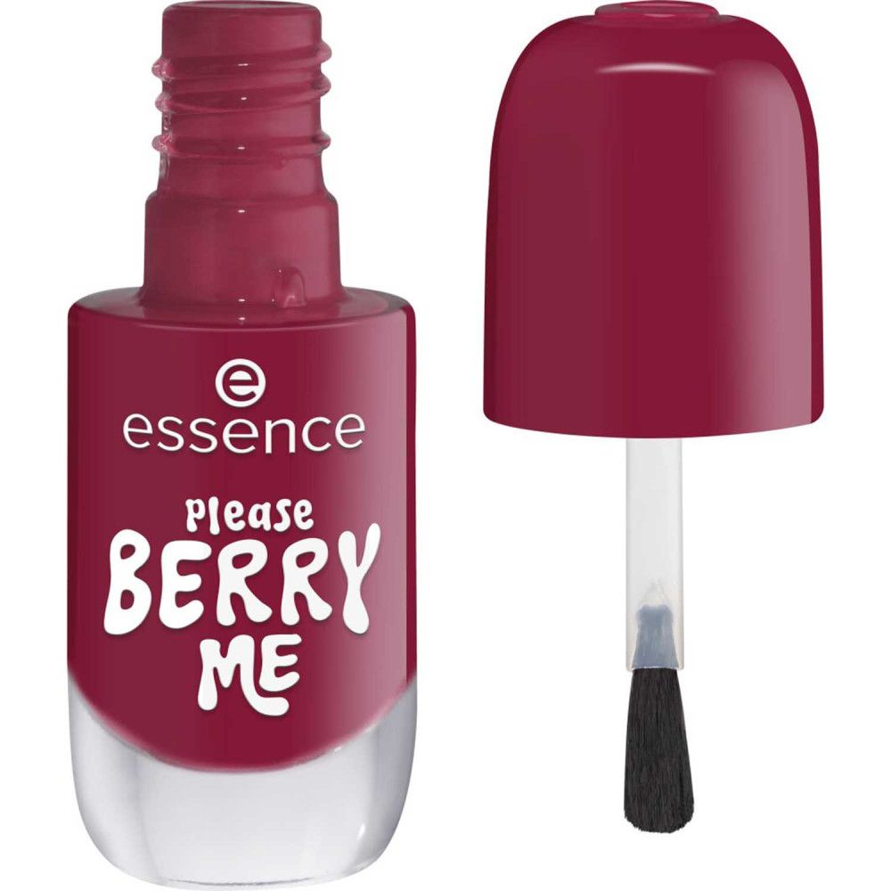 Flacon de vernis à ongles ouvert. Inscription "essence" et "PLEASE BERRY ME". Brosse visible.