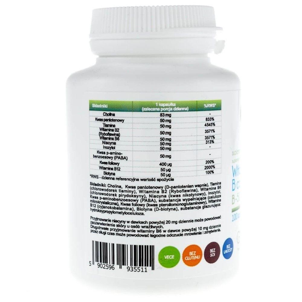 Aliness Vitamine B-Complex B-50: Achterkant met voedingswaardetabel, barcode en keurmerken (Vegetarisch, Glutenvrij, Sojavrij).