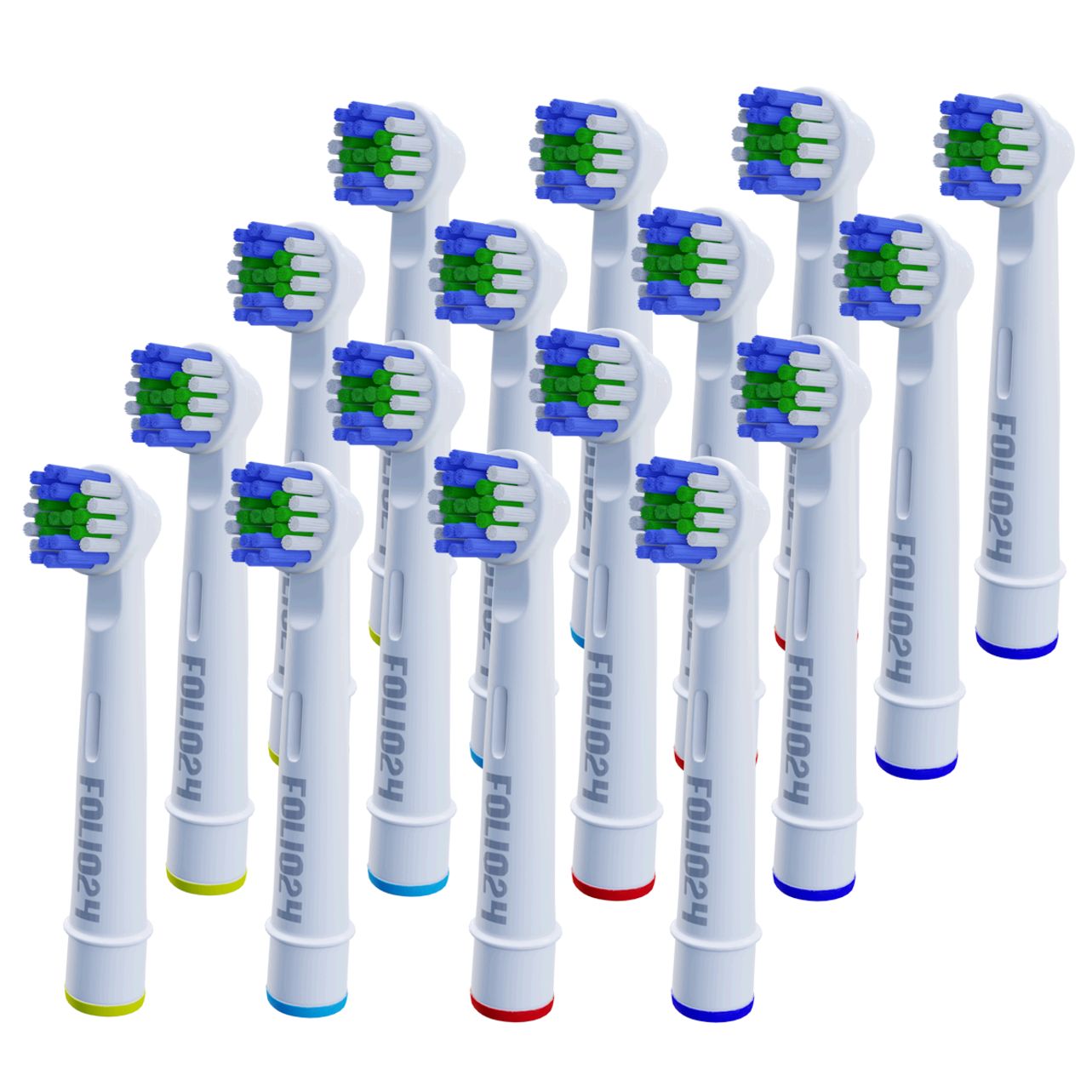 Meerdere tandenborstelkoppen. Witte stelen met gekleurde ringen. Blauwe, groene en witte borstelharen. Tekst: FOLIO24.