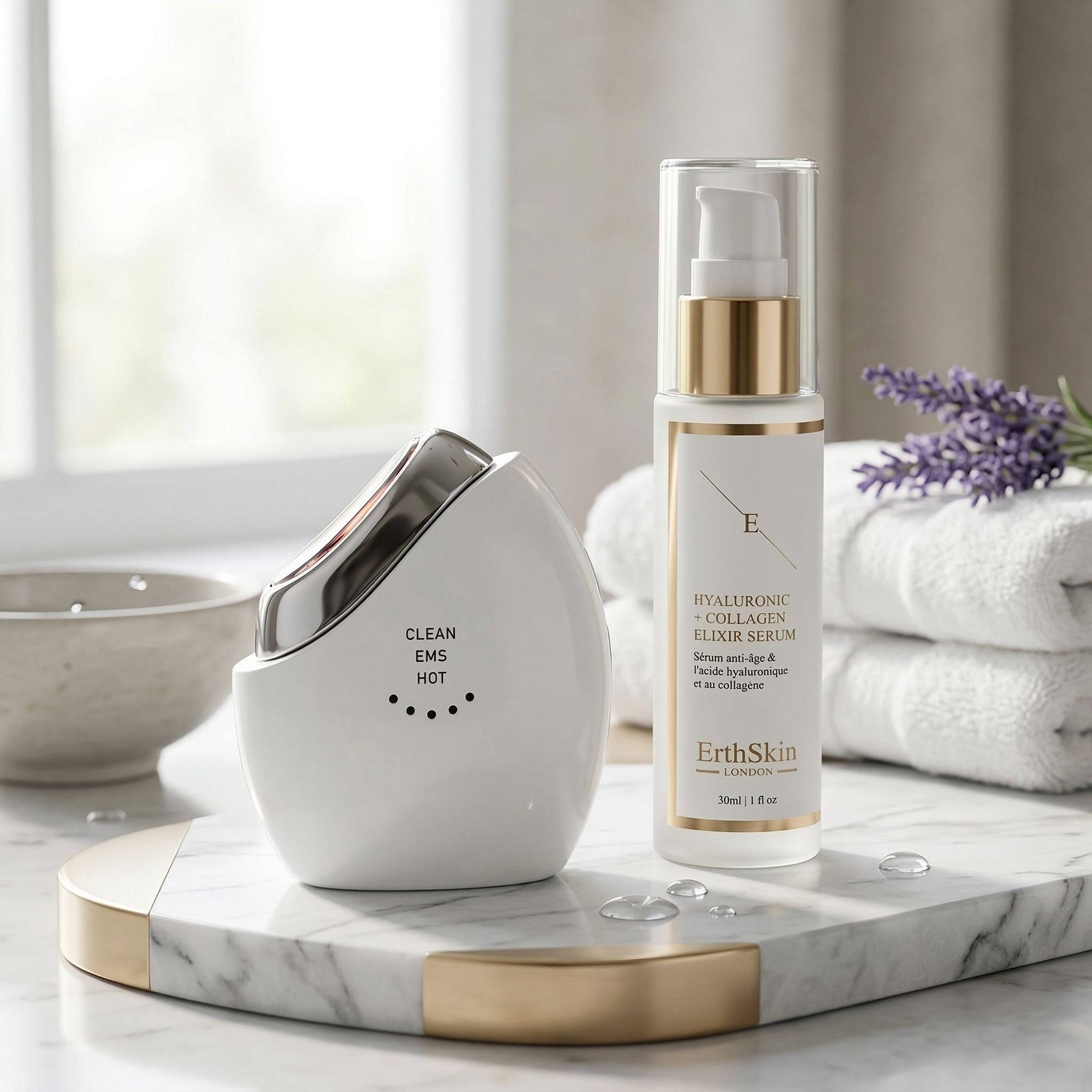 Ensemble de bien-être avec sculpteur EMS blanc et flacon de sérum d'acide hyaluronique sur plateau en marbre avec serviettes et lavande.