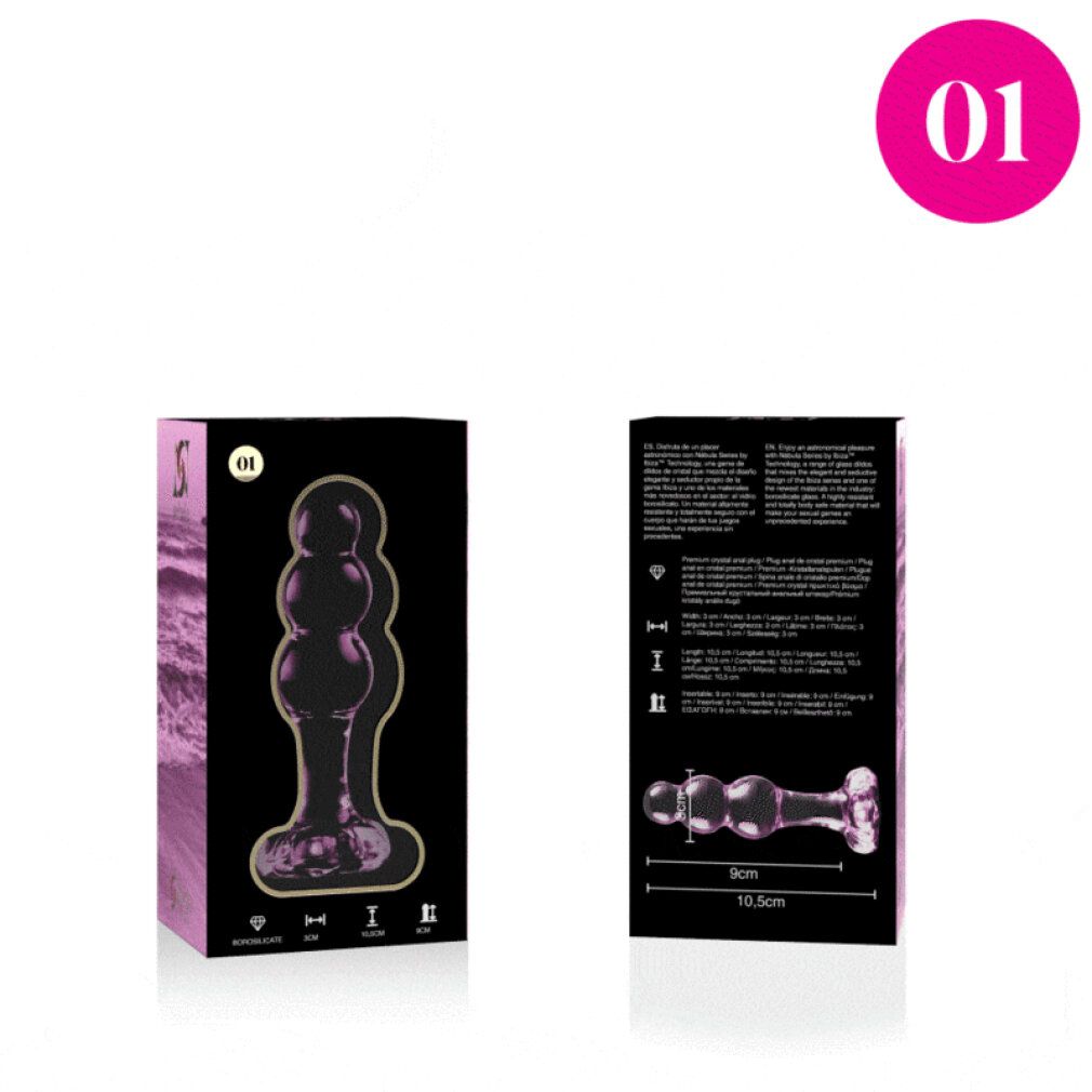 Verpakking en roze glazen anale plug met bolvormige segmenten. Afmetingen zichtbaar.