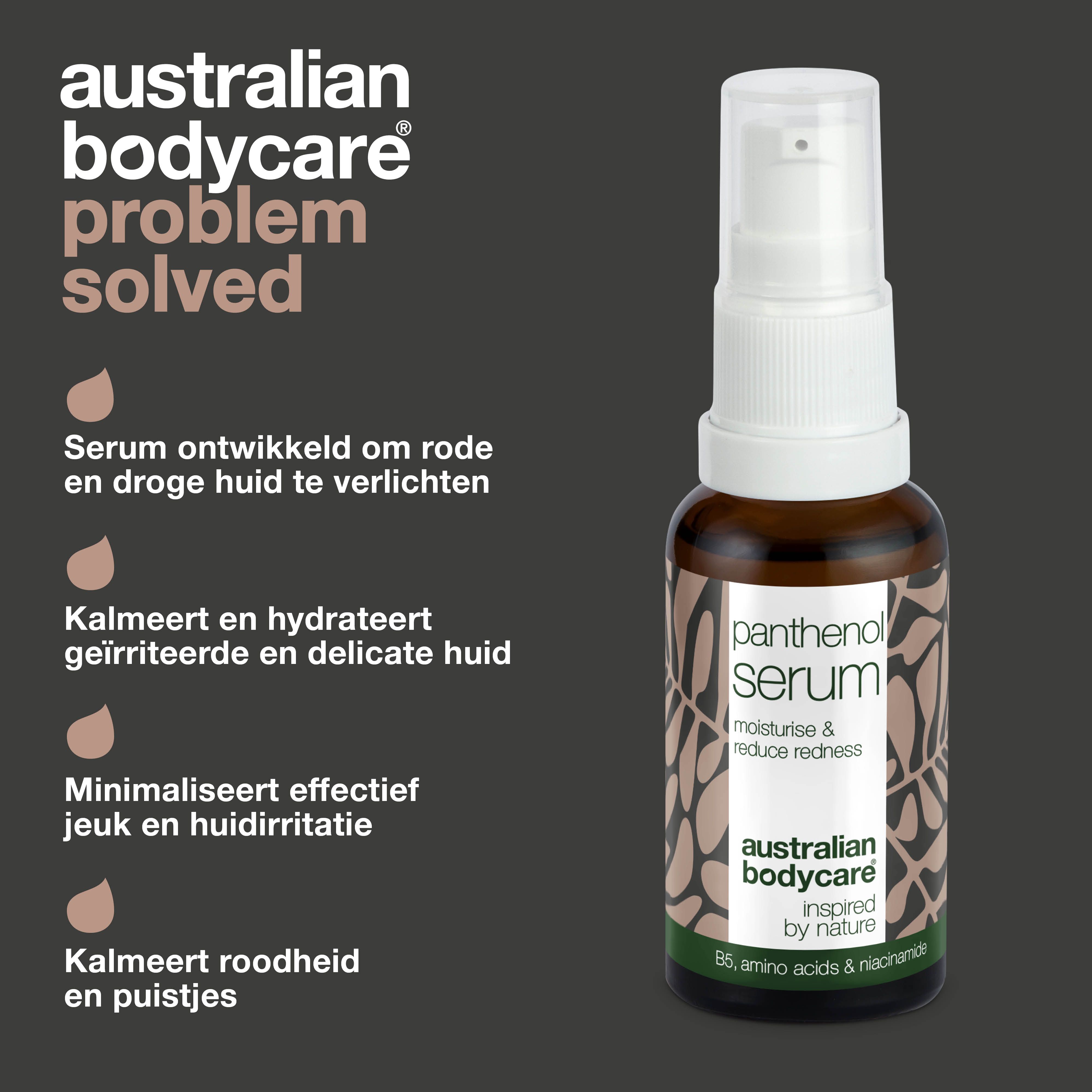 Flesje Panthenol Serum. Tekst: Serum ontwikkeld om rode en droge huid te verlichten.