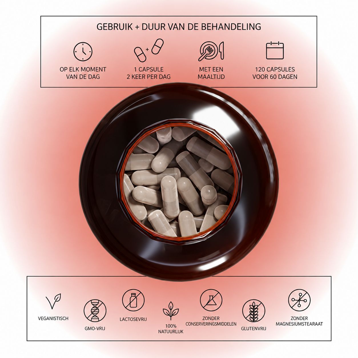 Fles met Ashwagandha KSM-66 capsules. Voordelen: Energie, immuunsysteem, anti-stress, slaap, geheugen.