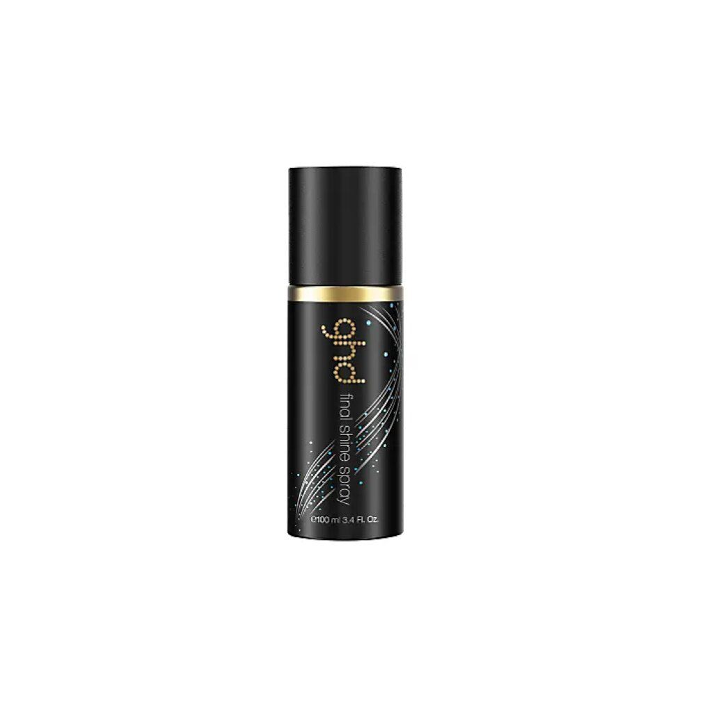 Zwarte sprayfles met gouden accent. Opschrift: ghd Final Shine Spray. Inhoud: 100 ml.