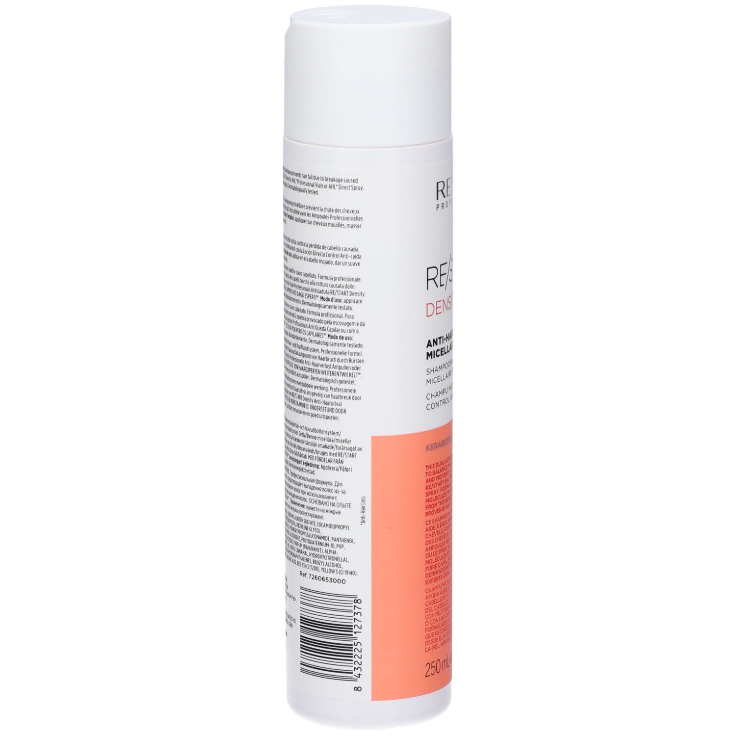 Flacon de shampooing blanc et rose. Texte: RE/START Density, Shampooing Micellaire Anti-Chute. 250ml.
