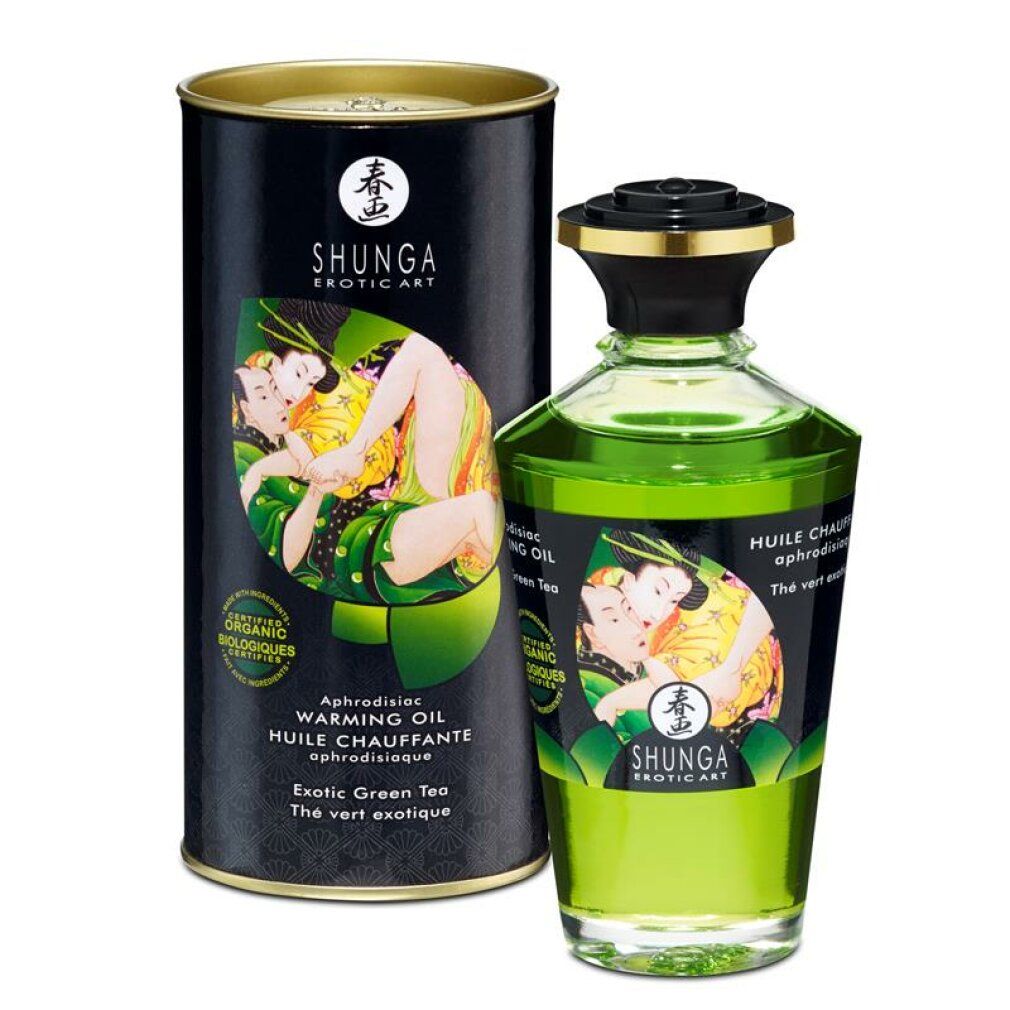 Huile de massage Shunga Green Tea, flacon et boîte. Huile verte, étiquette avec baisers.