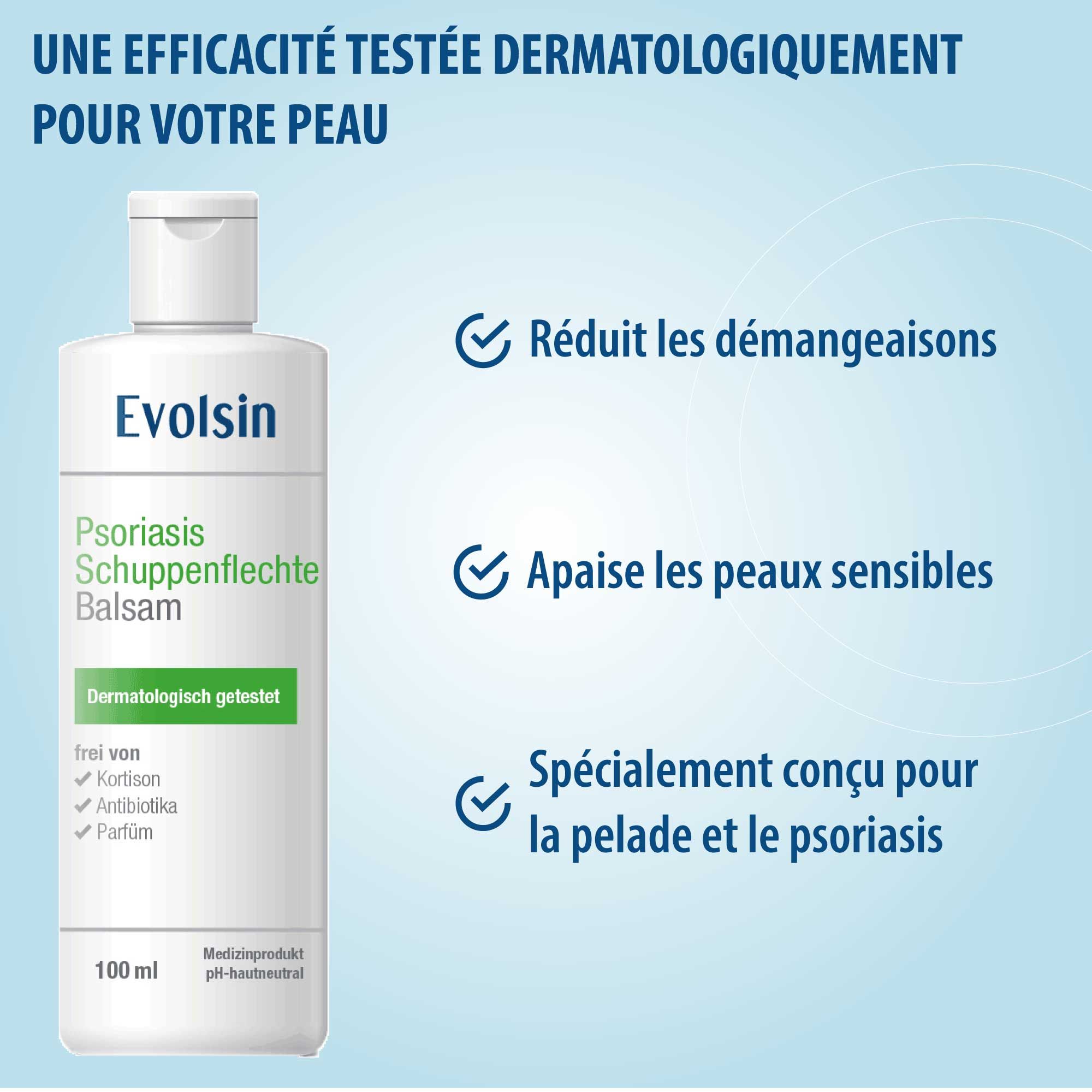 Flacon Evolsin Psoriasis. Réduit les démangeaisons, apaise les peaux sensibles, spécialement conçu pour la pelade et le psoriasis.