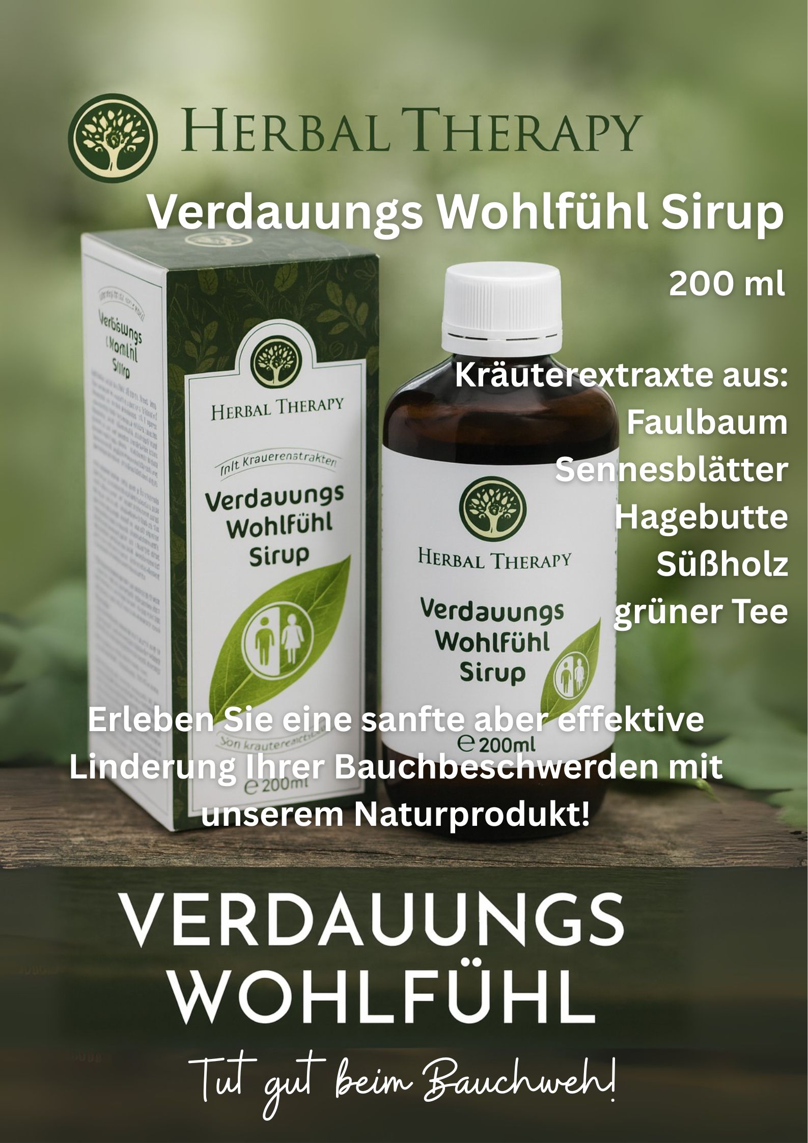 Reclamebeeld met fles en verpakking. Opschrift: Herbal Therapy Verdauungs Wohlfühl Sirup. Ingrediëntenlijst. Tekst in het Duits.