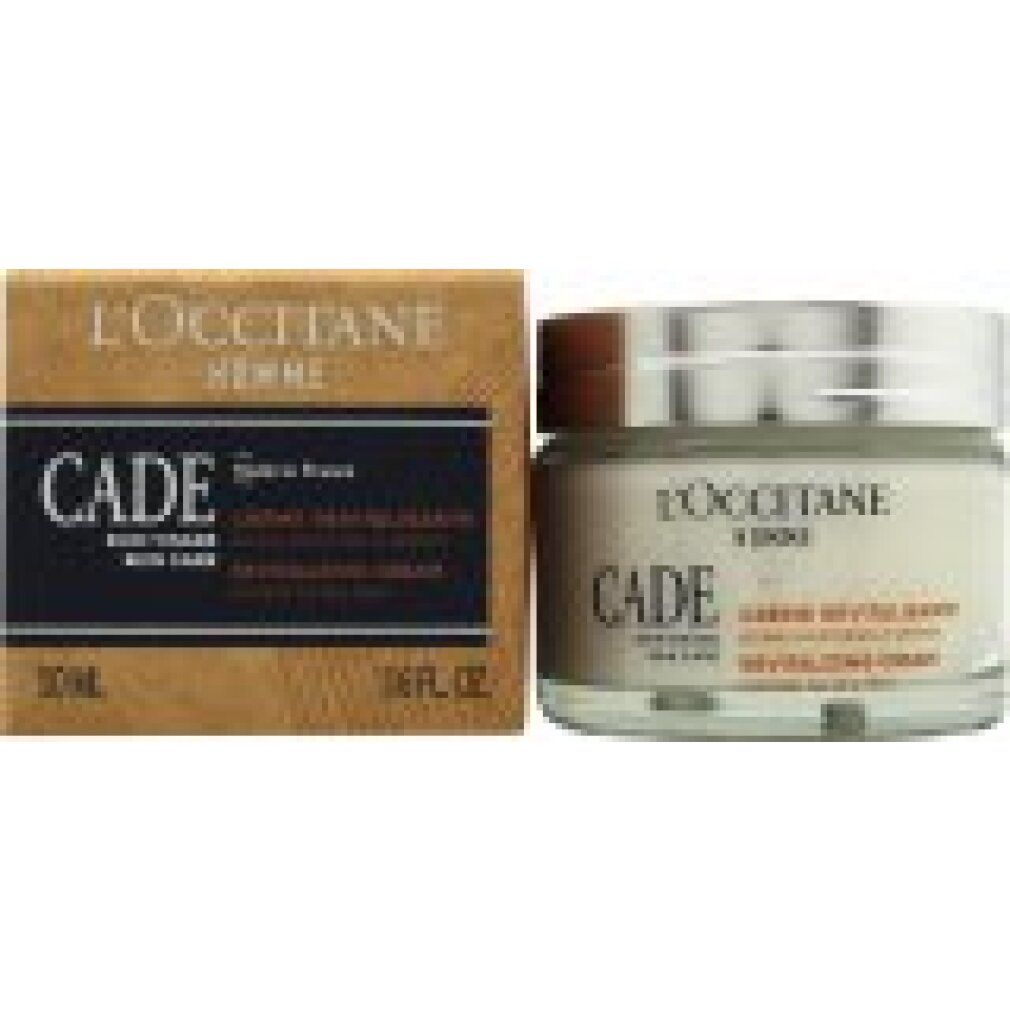 Crèmepot en kartonnen doos. Opschrift: L'Occitane Cade, Crème revitalisante, Soin visage, 50 ml, 1.6 fl.oz.