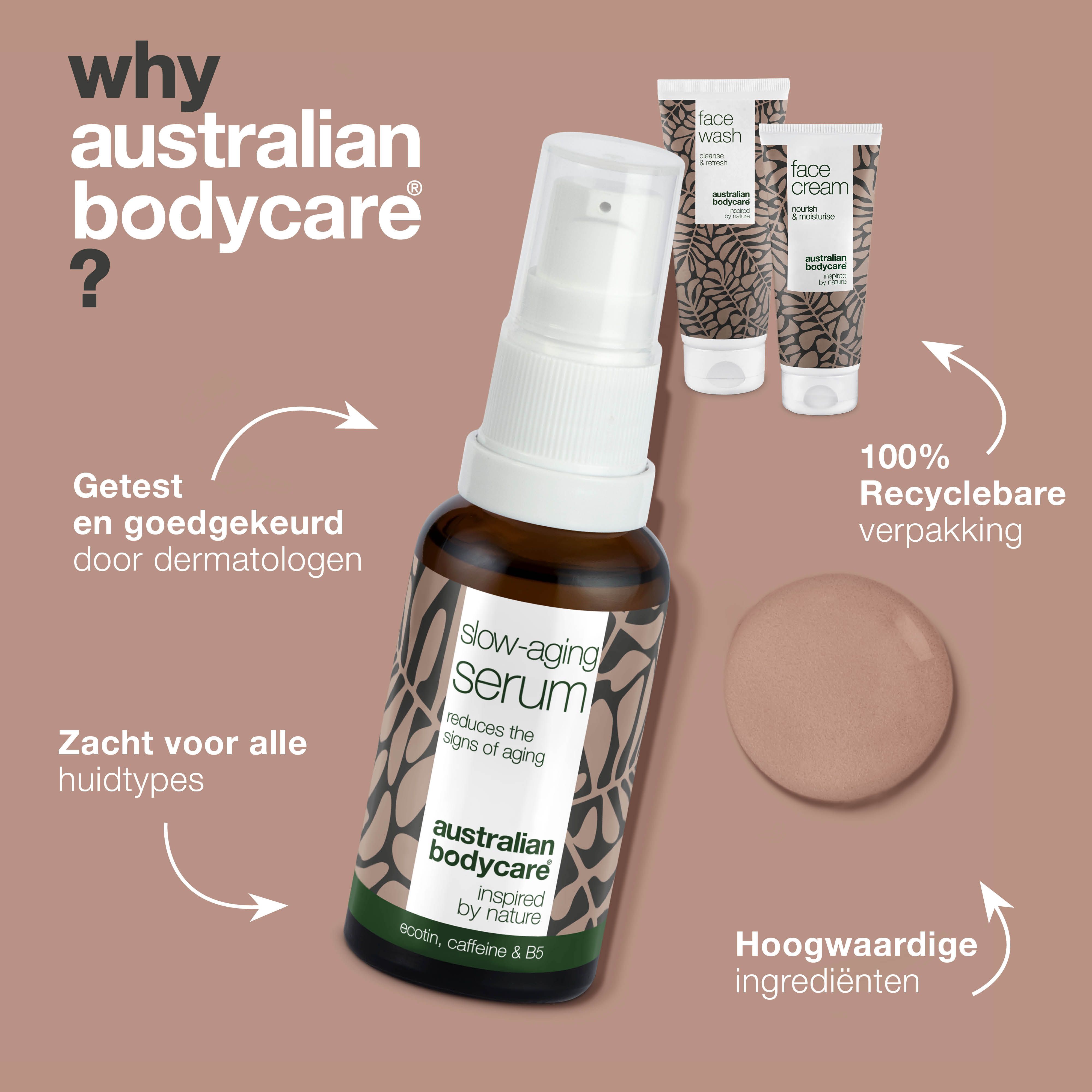 Serum in bruine fles met pomp. 100% recyclebare verpakking. Merk: Australian Bodycare.