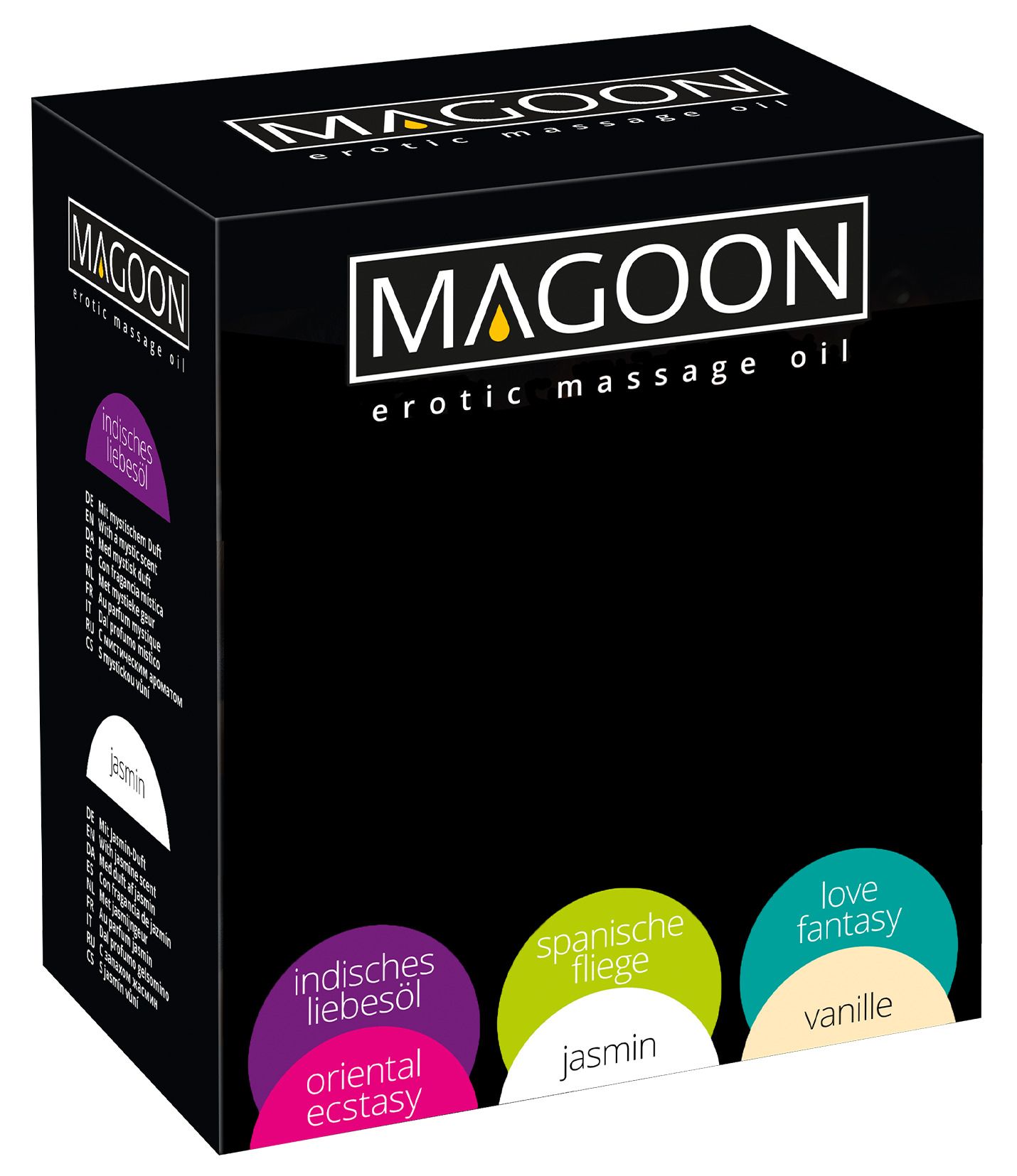Coffret cadeau d'huile de massage érotique Magoon avec six parfums différents.