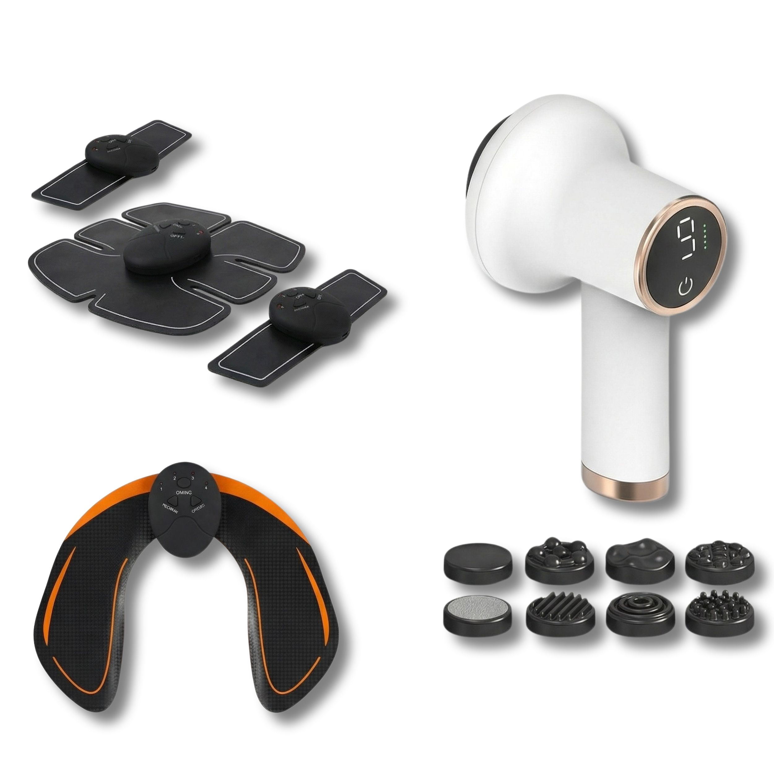 Appareil d'électrostimulation avec coussinets et têtes de massage. Différentes formes et tailles.