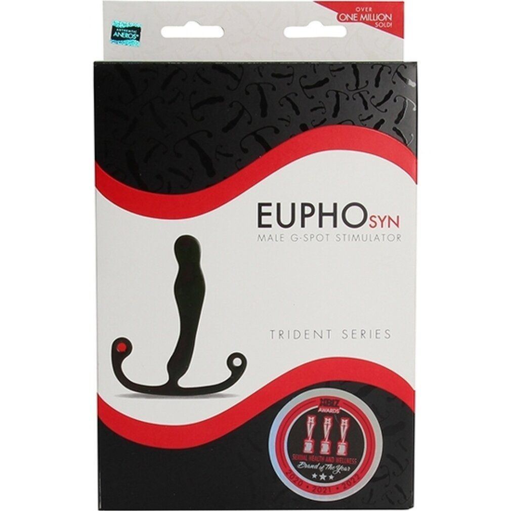 Verpakking voor een wellnessproduct. Bevat een zwart, T-vormig product. Opschrift: Eupho Syn, Trident Series, Aneros.