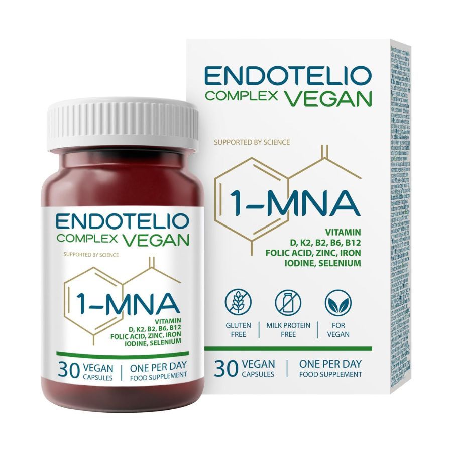 Bruine fles en doos met productinformatie. Opschrift: Endotelio Complex Vegan, 1-MNA, 30 capsules. Gluten-, melkeiwit- en vegan-keurmerk.