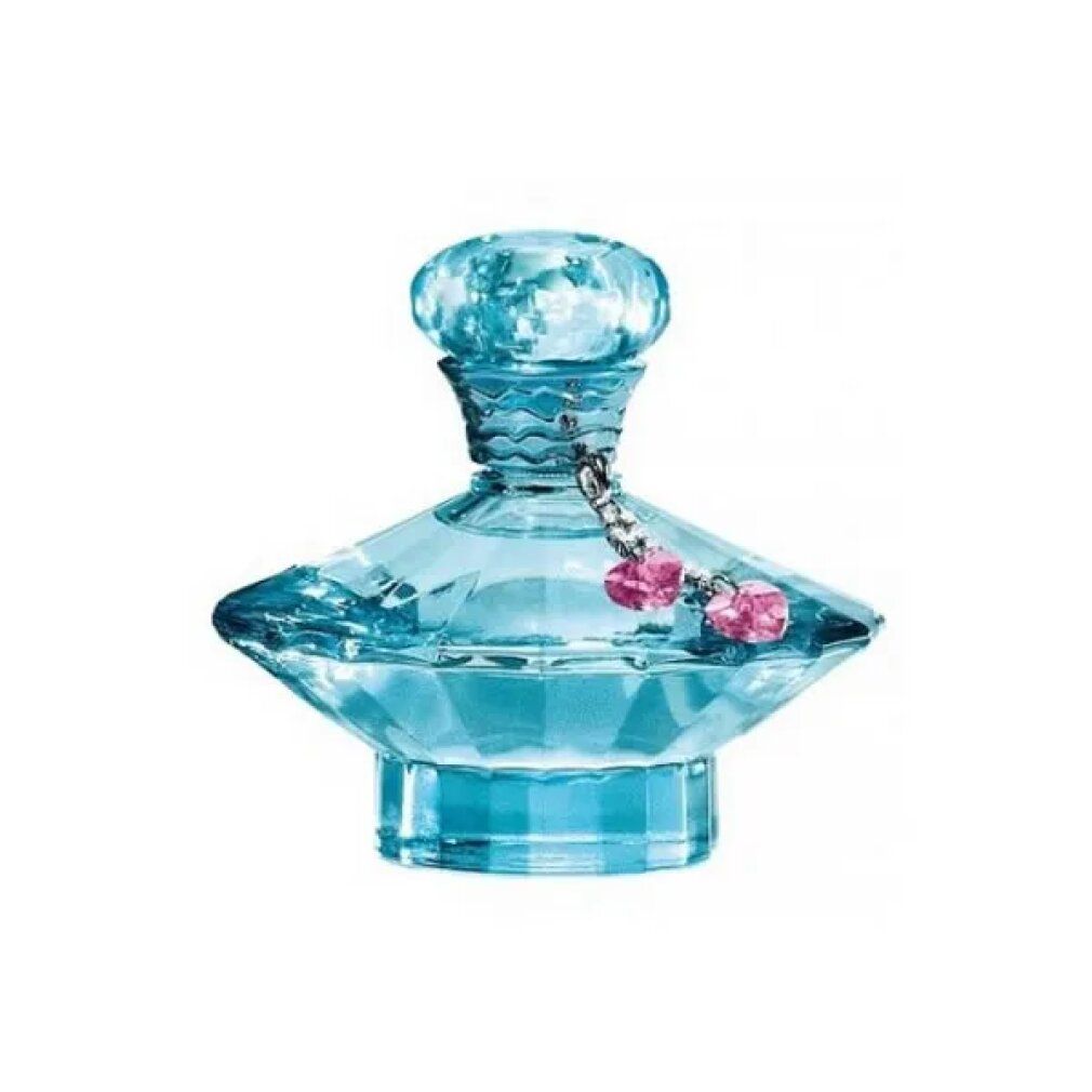 Flacon de parfum bleu avec breloque rose. Bouchon et flacon en forme de cristal.