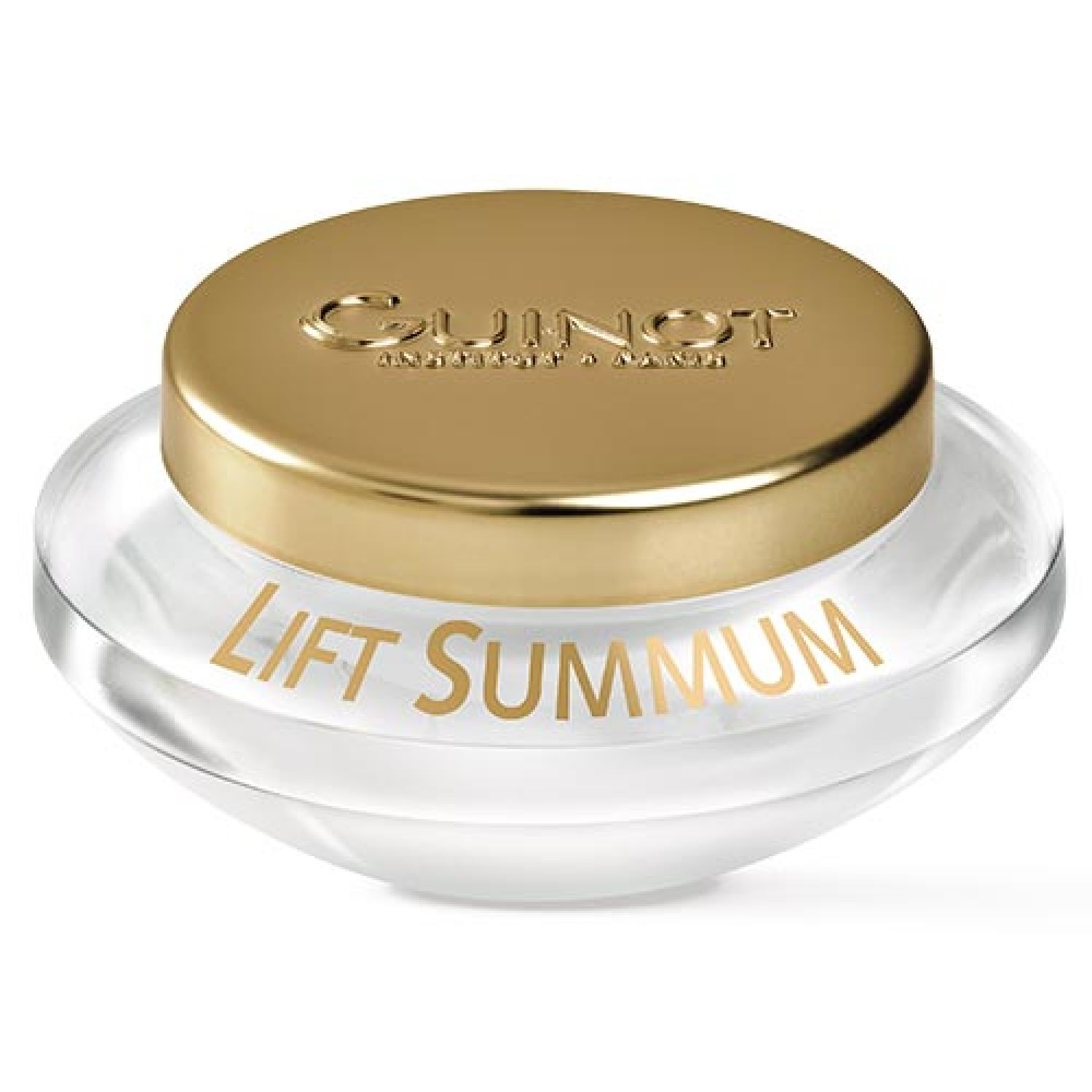 Pot de crème avec couvercle doré. Inscription "LIFT SUMMUM". Marque GUINOT.