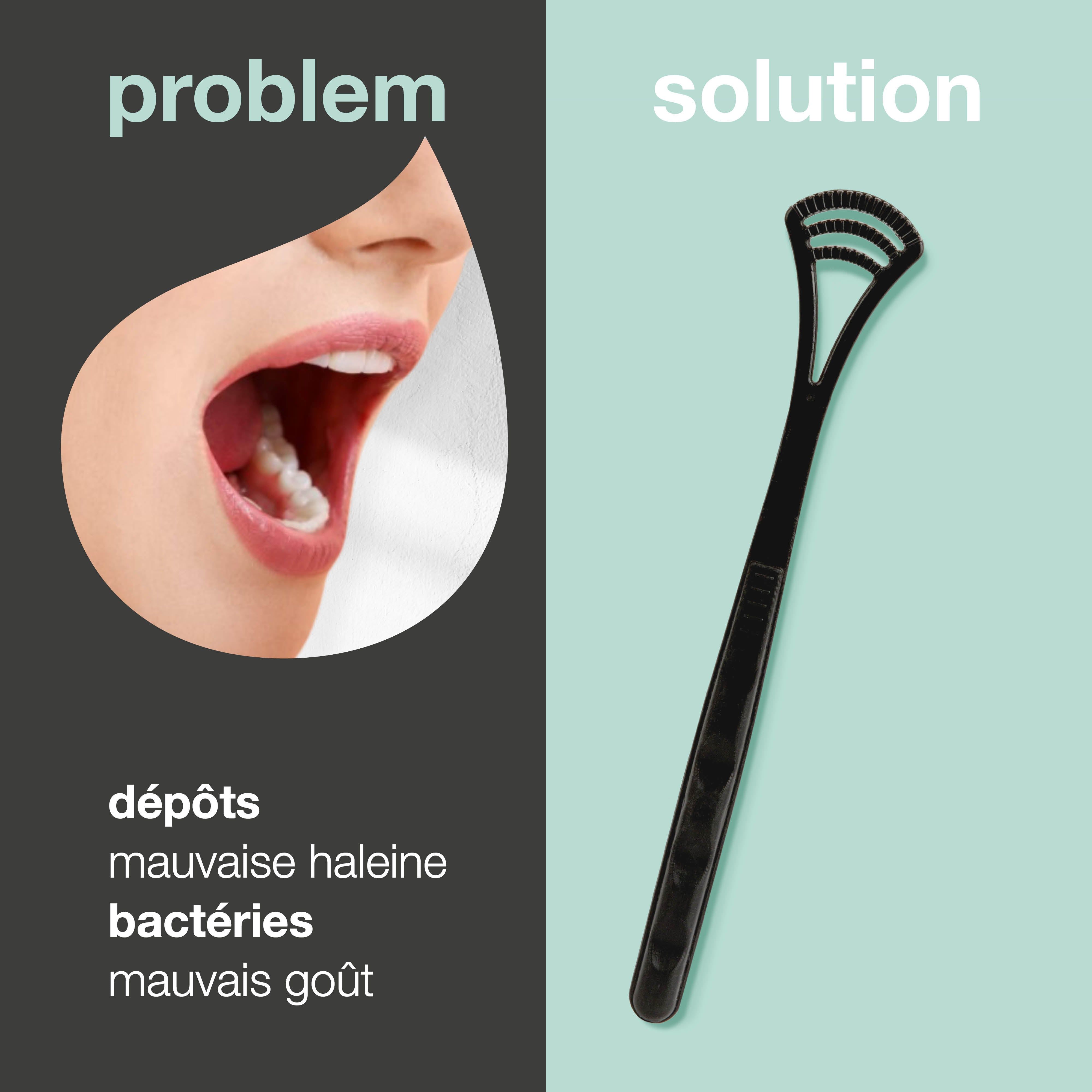 Gratte-langue à côté d'une bouche. Texte: problème, dépôts, mauvaise haleine, mauvais goût. Solution.