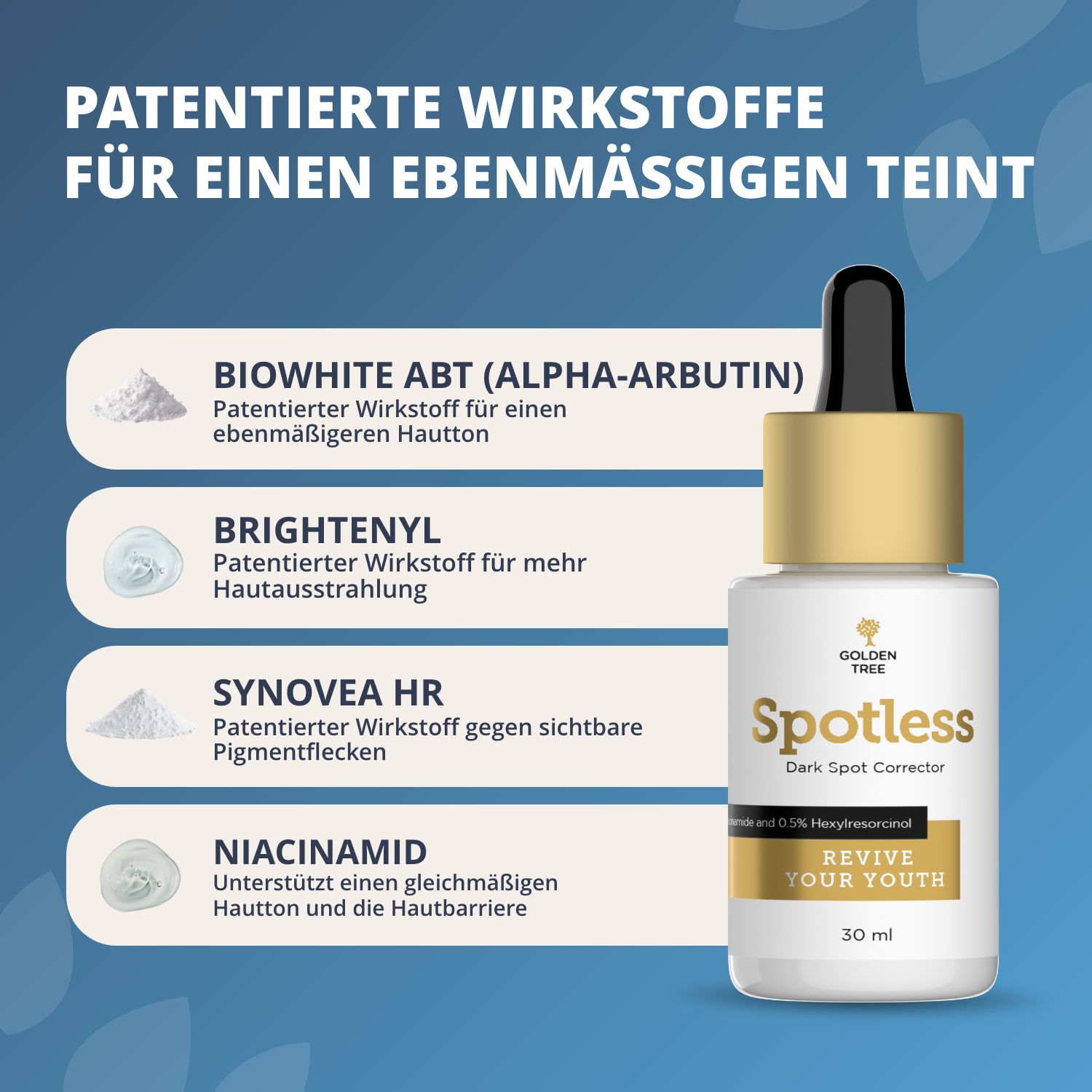 Flacon de sérum Golden Tree Spotless avec pipette à côté d'une infographie sur les ingrédients actifs brevetés.