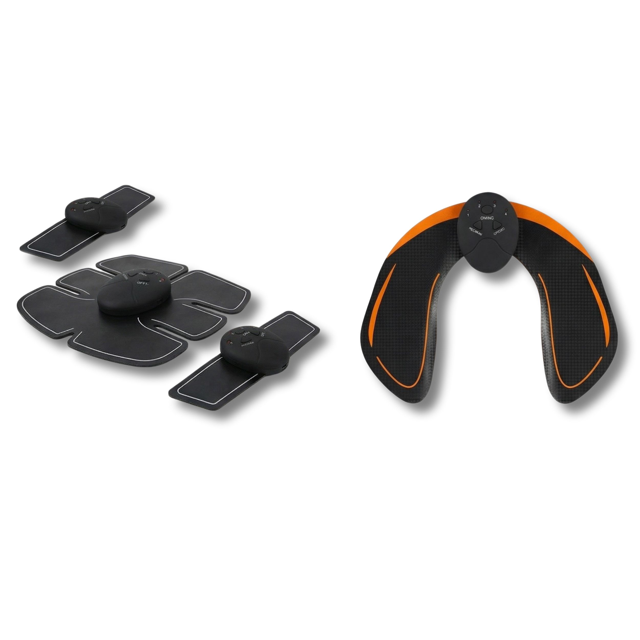 Coussinets d'électrostimulation pour abdominaux, bras et fessiers. Coussinets noirs avec commandes. Coussinet fessier avec accents orange.