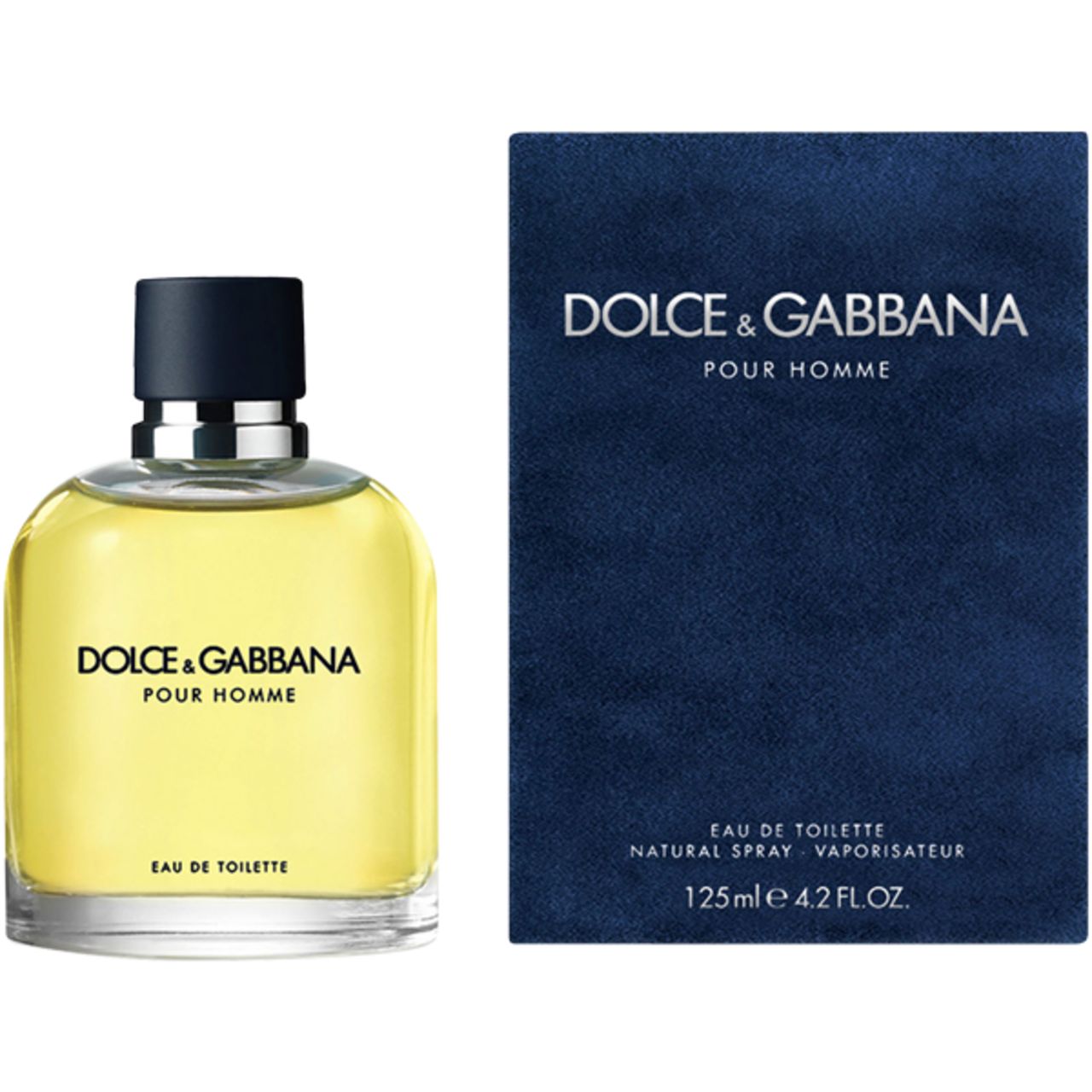 Dolce & Gabbana Pour Homme EdT fles en verpakking. Fles met zwarte dop, gele vloeistof. Blauwe verpakking.