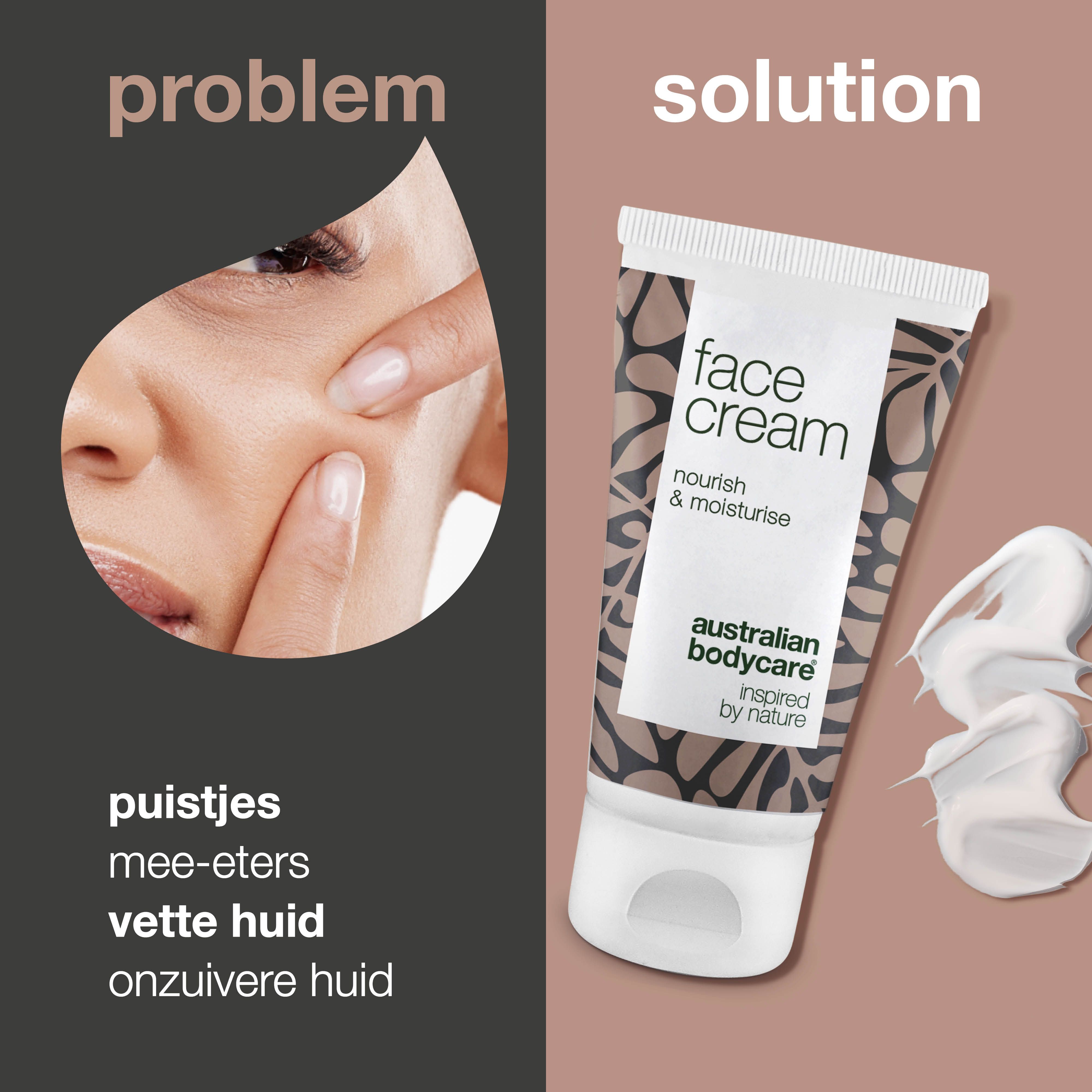 Gezicht met puistjes. Tube met tekst: face cream. Merk: Australian Bodycare. Daarnaast: crème.