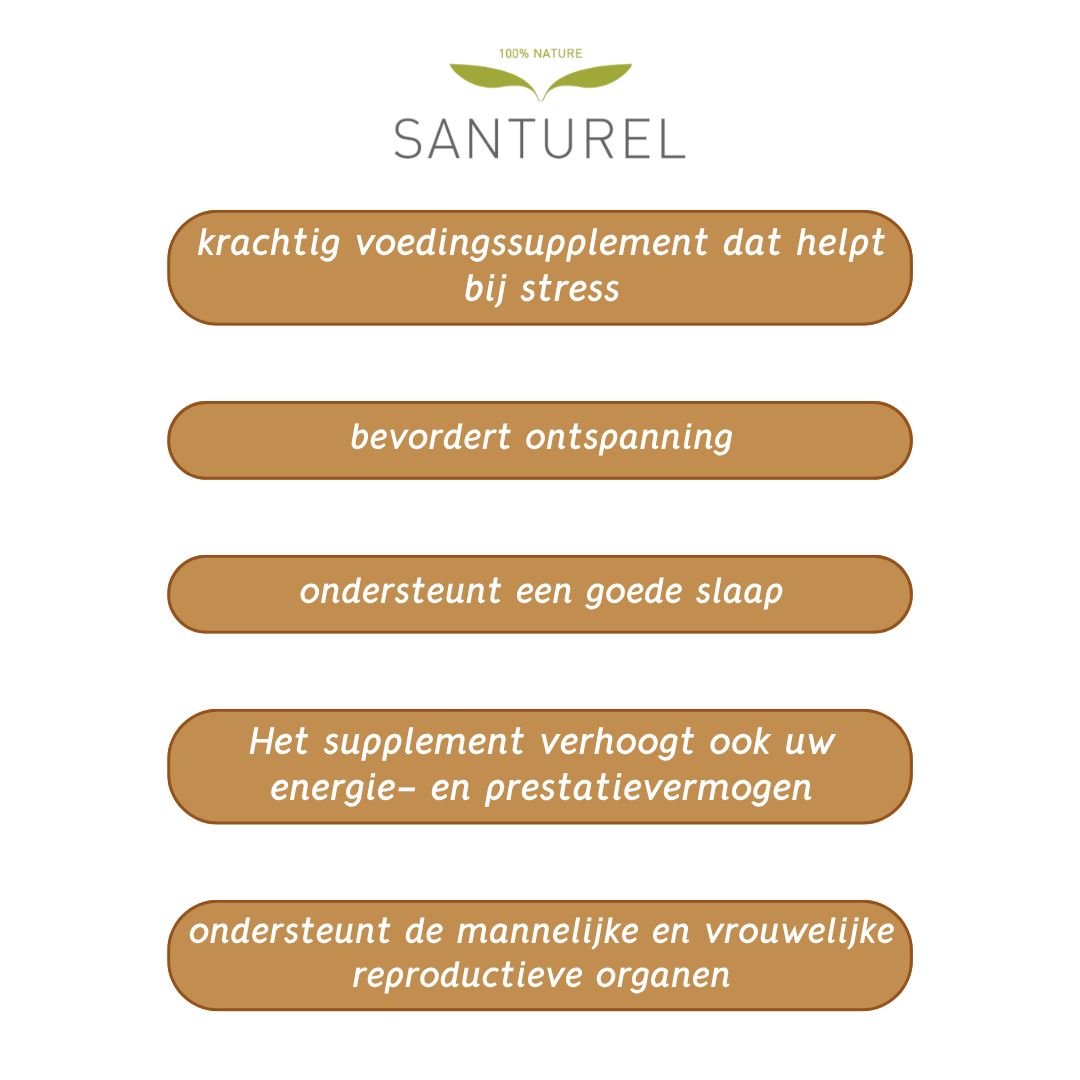 Tekst over Santurel Ashwagandha Forte 500: stress, ontspanning, slaap, energie, mannelijke en vrouwelijke organen.