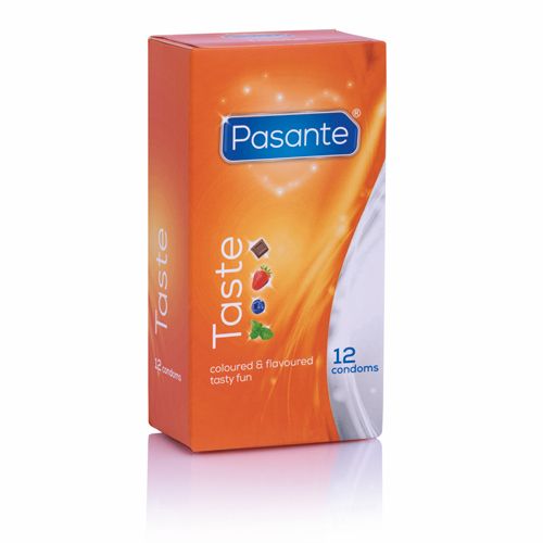 Boîte orange de préservatifs Pasante Taste, 12 unités. Illustrations de fruits et chocolat.