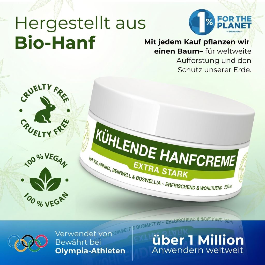 Pot blanc avec texte vert: KÜHLENDE HANFCREME. Extra fort. Logos: Cruelty Free, 100% Vegan, 1% for the Planet. Plus d'1 million d'utilisateurs.