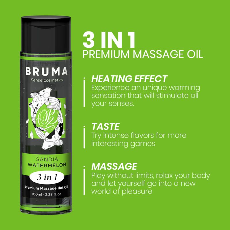 Bruma massageolie fles met etiket dat de 3-in-1 functies benadrukt: verwarming, smaak, massage.