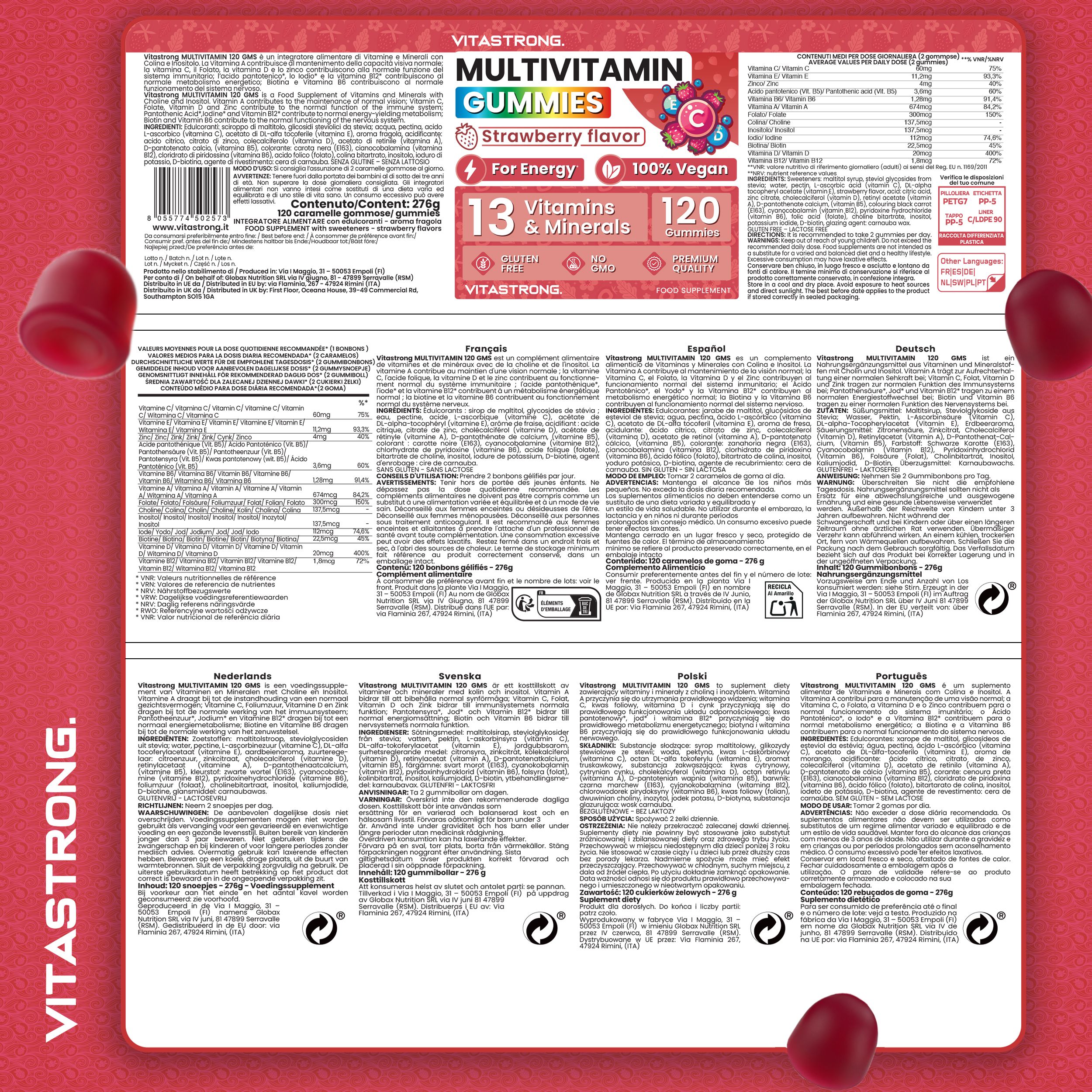 Dos de l'emballage des gommes multivitamines Vitastrong. Contient des informations en plusieurs langues, valeurs nutritionnelles et ingrédients.