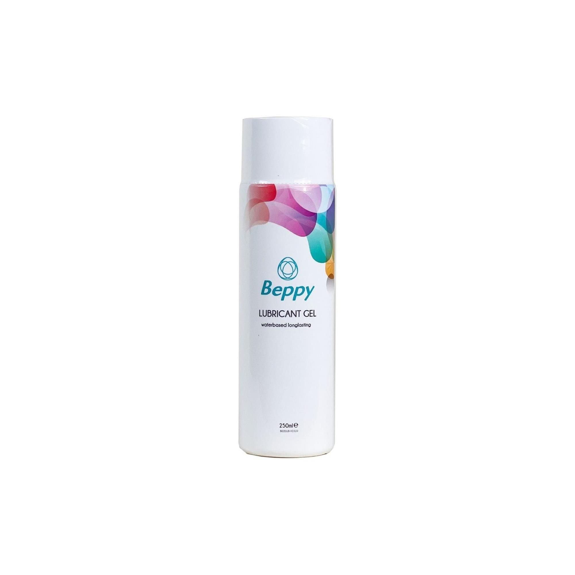 Flacon de gel Beppy blanc avec graphisme coloré et texte. "LUBRICANT GEL" et "waterbased longlasting". 250ml.