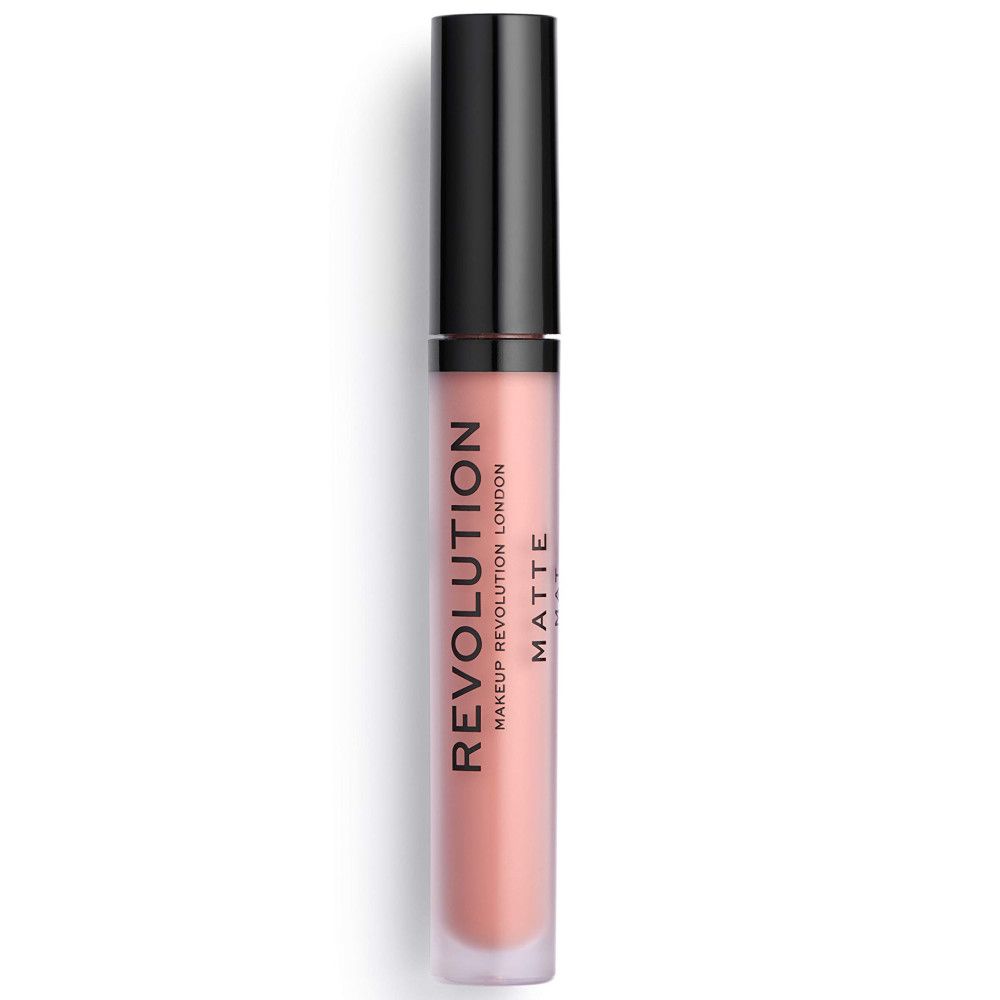 Flacon de gloss avec bouchon noir. Inscription: Makeup Revolution London, Matte. Teinte rose.