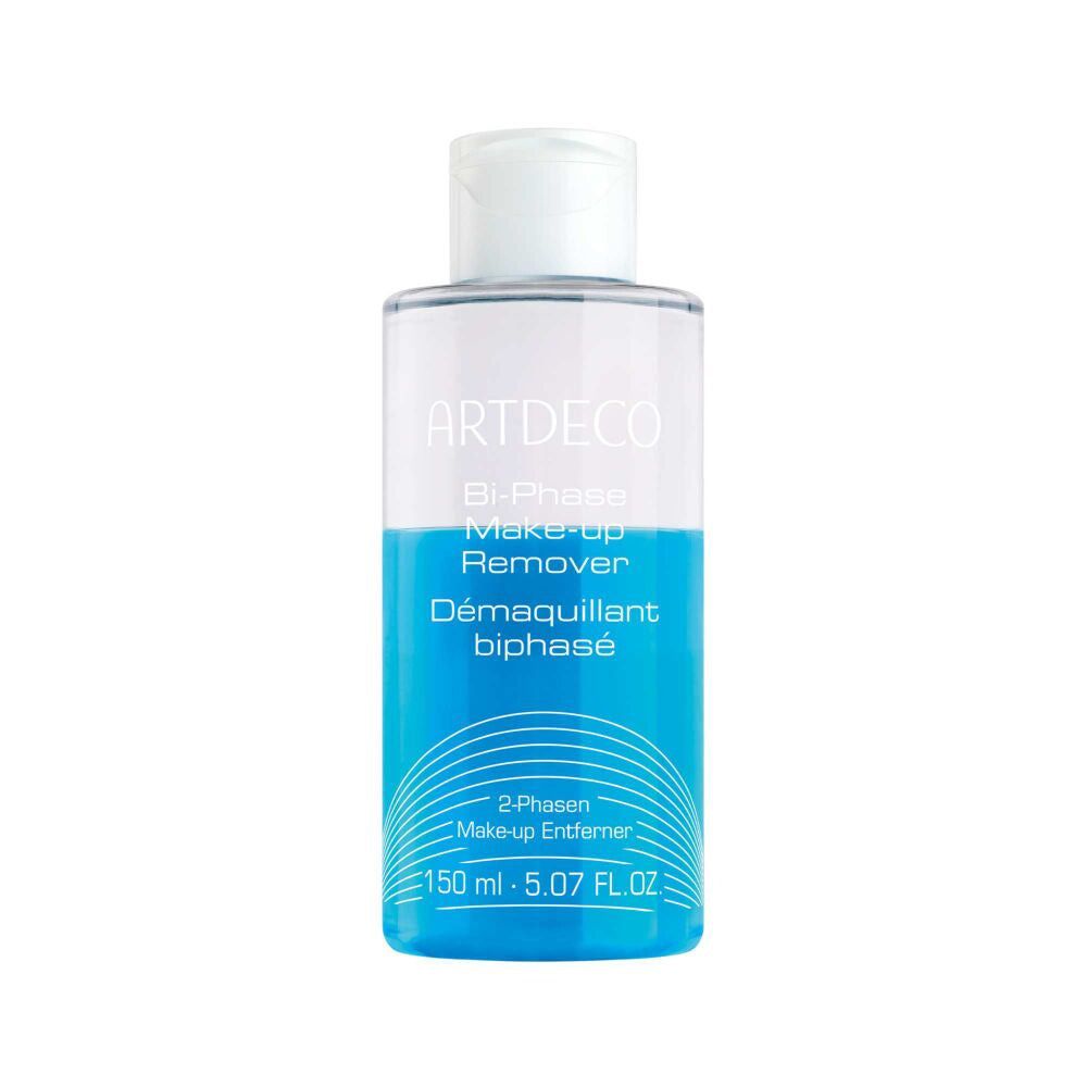 Artdeco démaquillant biphasé. Flacon transparent avec liquide bleu. Bouchon blanc. Nom du produit et indication de volume.
