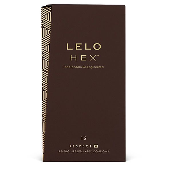 Boîte marron avec motif hexagonal doré. Inscription : LELO HEX, XL, 12 préservatifs.