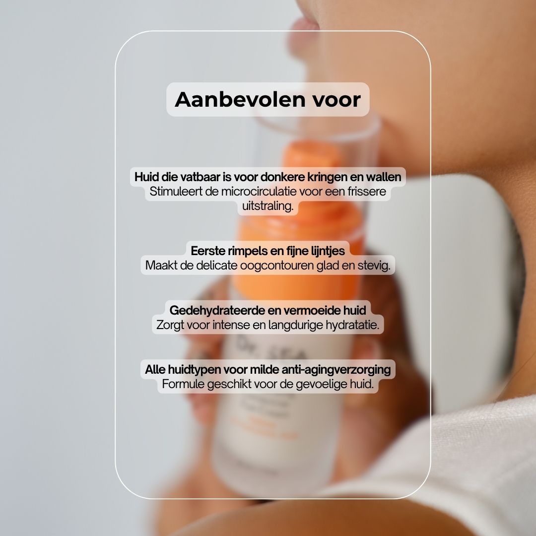 Productflesje met tekst en illustraties. Tekst: Dr. SEA, Moisturising Corrective Eye Cream, Retinol & Hyaluronzuur. Aanbevolen voor...