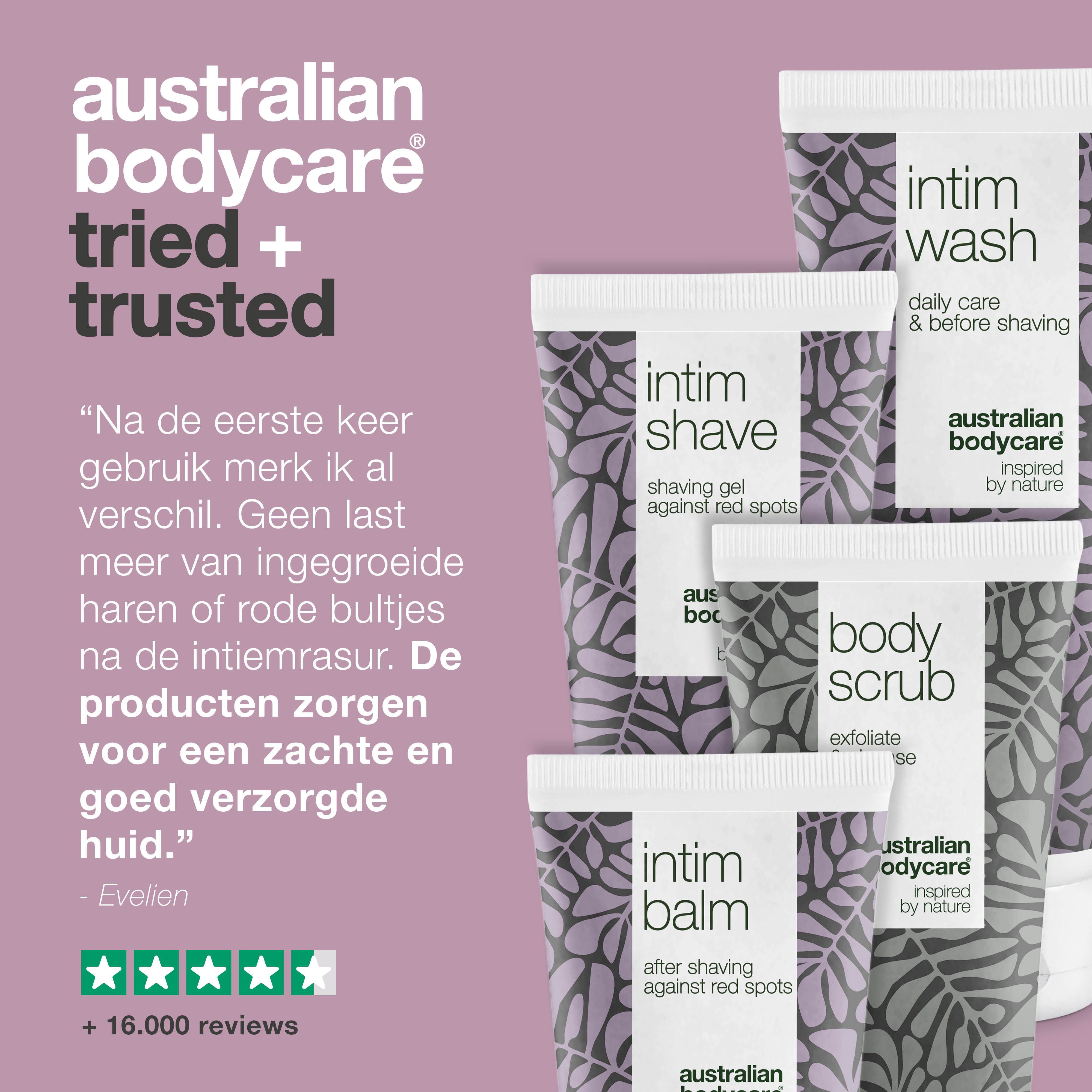 Australian Bodycare. Producten: Intim Wash, Intim Shave, Intim Balm, Body Scrub. Klantenbeoordelingen.