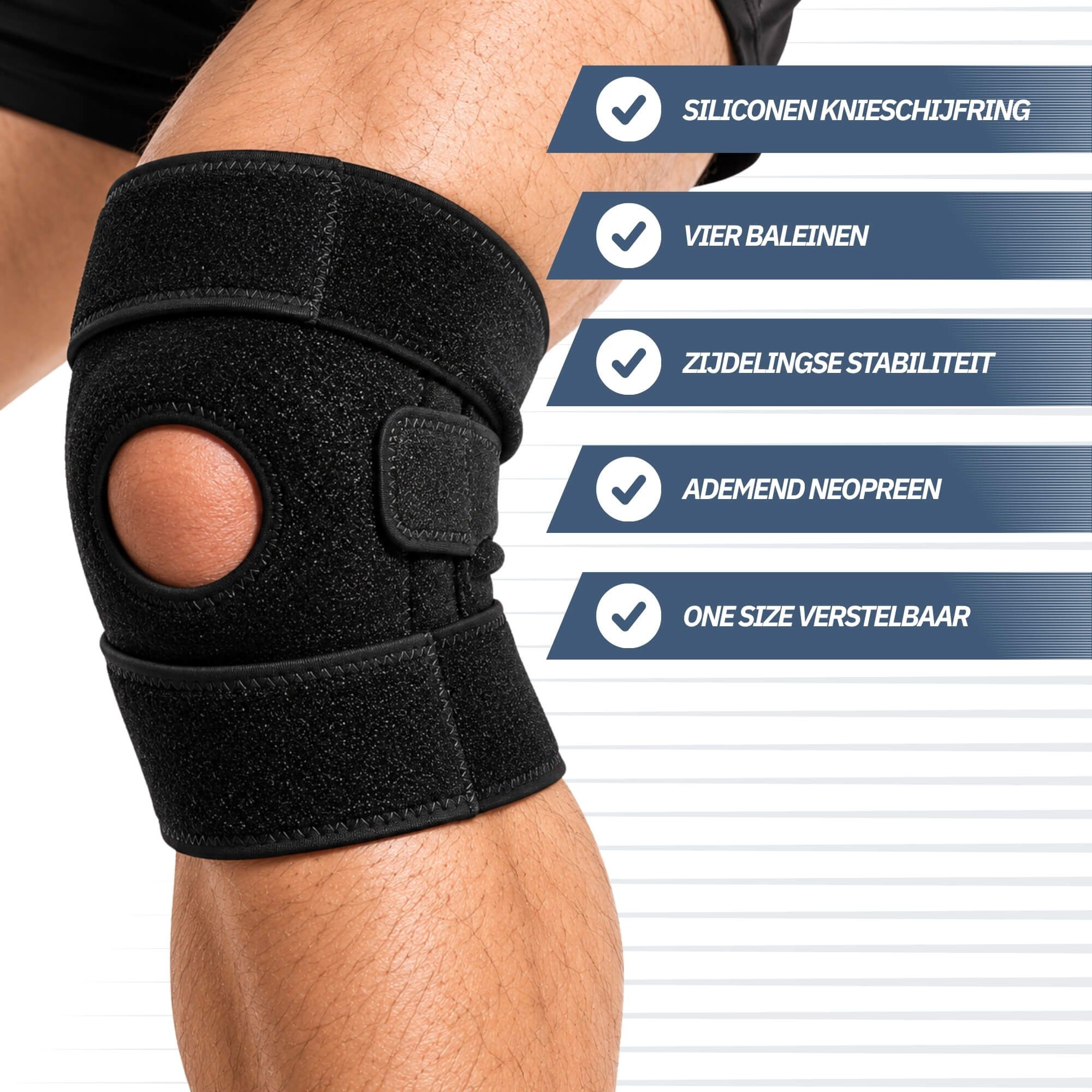 Zwarte kniebrace met patella-uitsparing, siliconen knieschijfring, vier baleinen, zijdelingse stabiliteit en ademend neopreen.