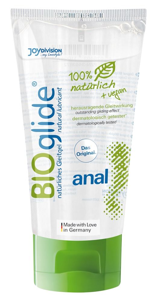 BIOglide glijmiddel tube met groene dop. "100% natuurlijk + vegan".
