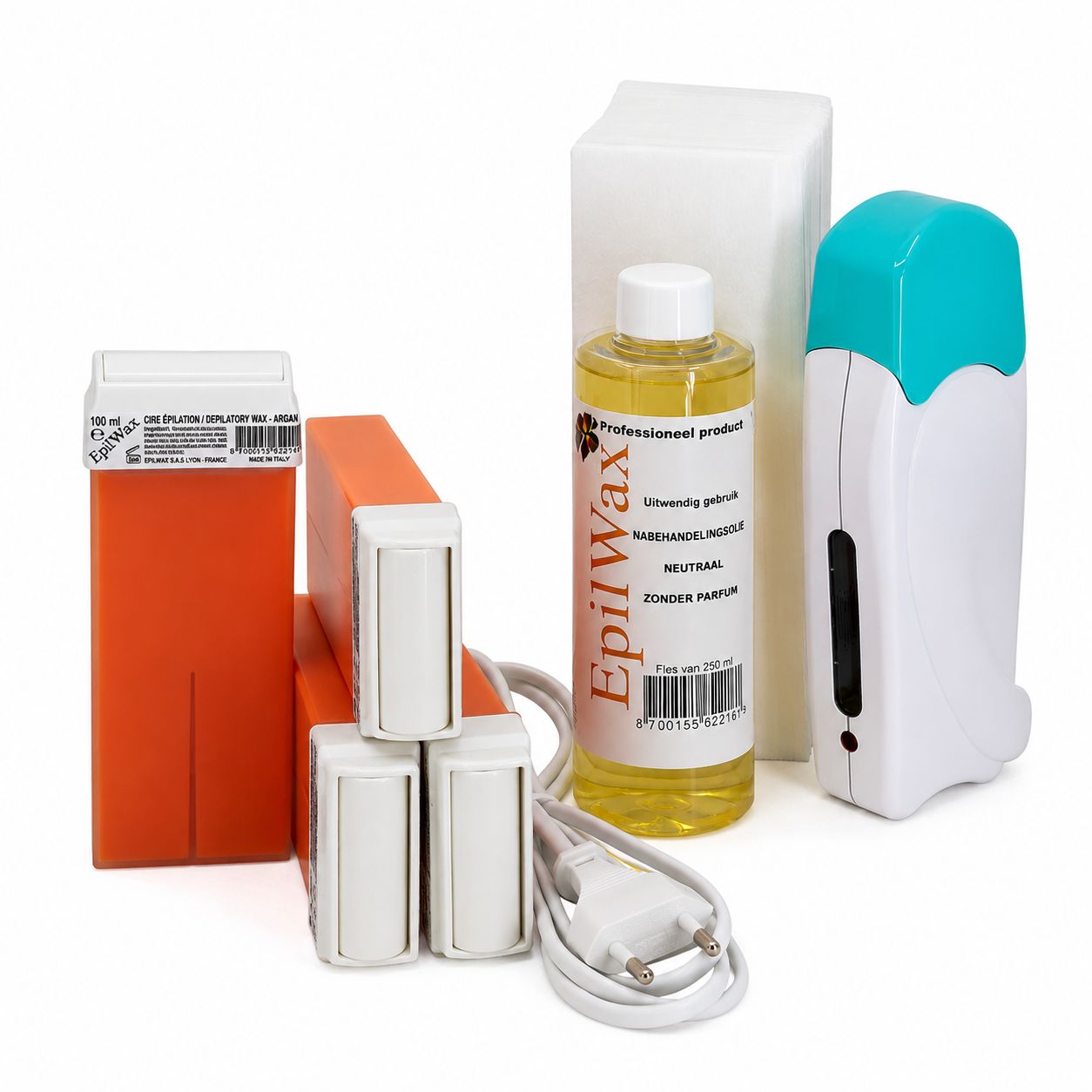 Un kit d'épilation à la cire comprenant des rouleaux de cire, un chauffe-cire et une bouteille d'huile.