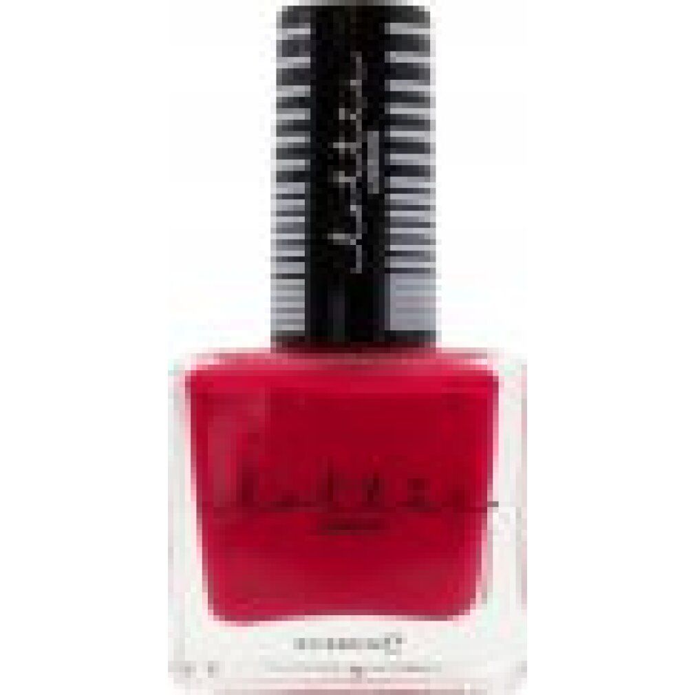 Vernis à ongles rouge en flacon carré. Bouchon noir avec lettrage blanc. Marque : Lottie London.