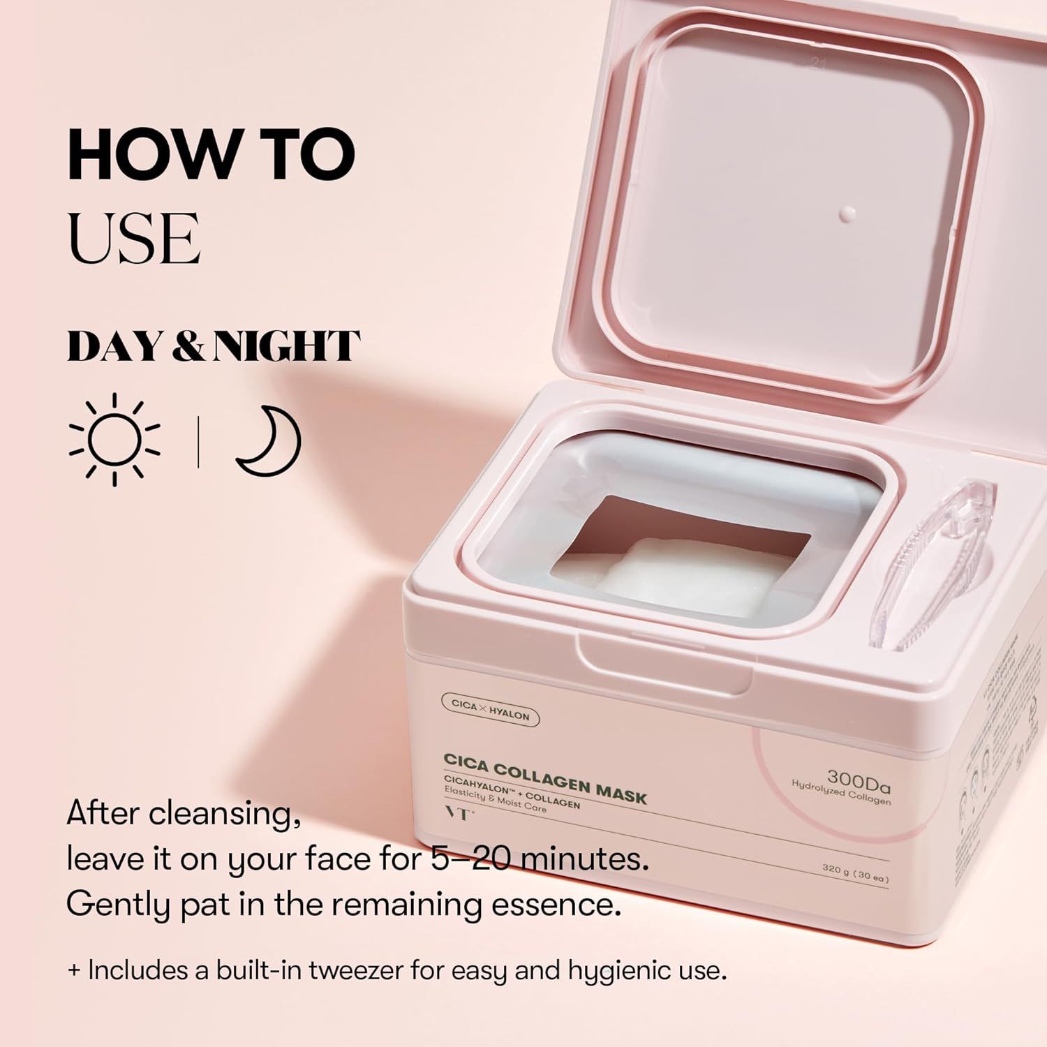 Open roze doos met maskers. Tekst: Cica Collagen Mask, 300Da. Inclusief pincet.