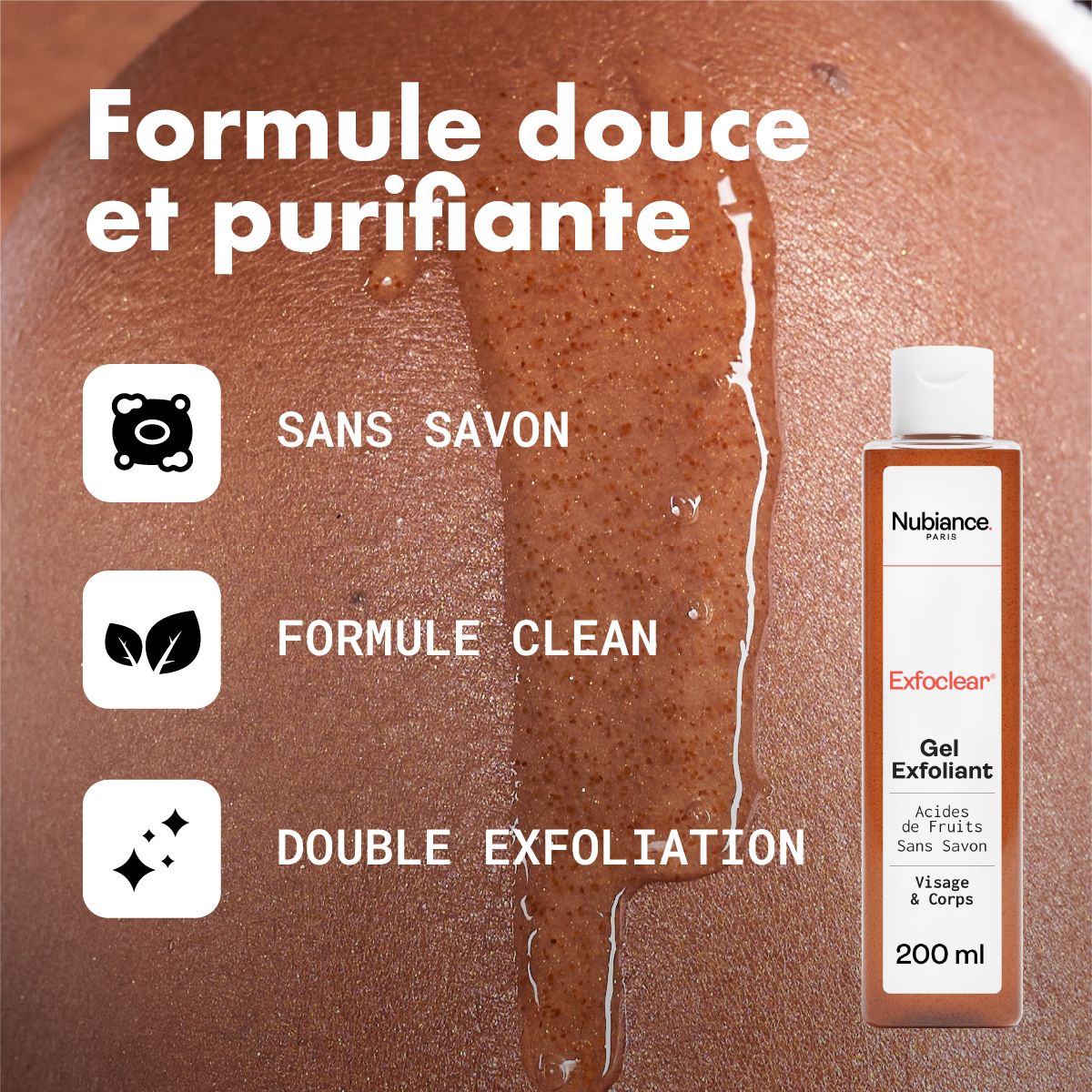 Exfoclear Gel voor gezicht & lichaam. Zonder zeep, schone formule, dubbele exfoliatie. 200 ml.