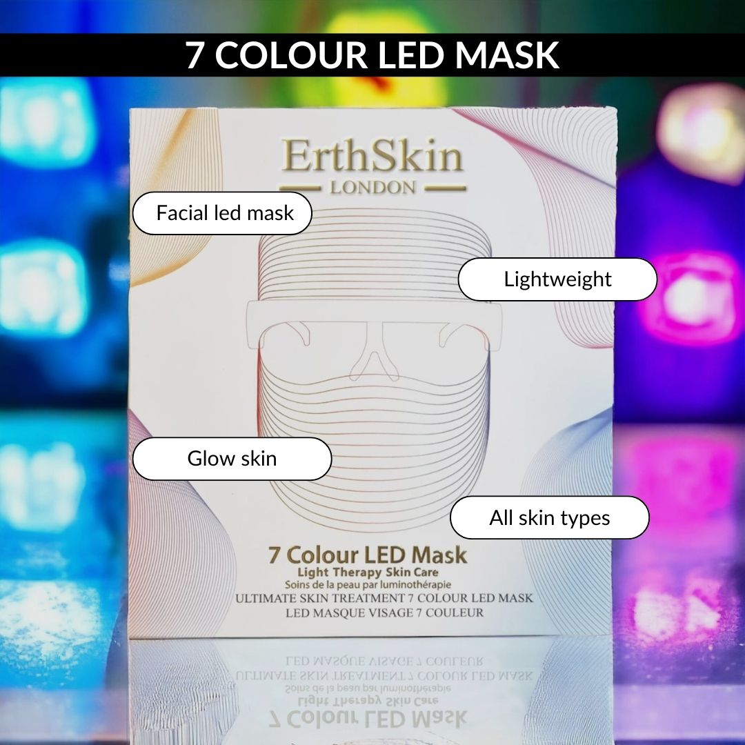 Emballage du masque LED 7 couleurs ErthSkin London, avec illustrations et légendes telles que 'Masque LED facial' et 'Léger'.