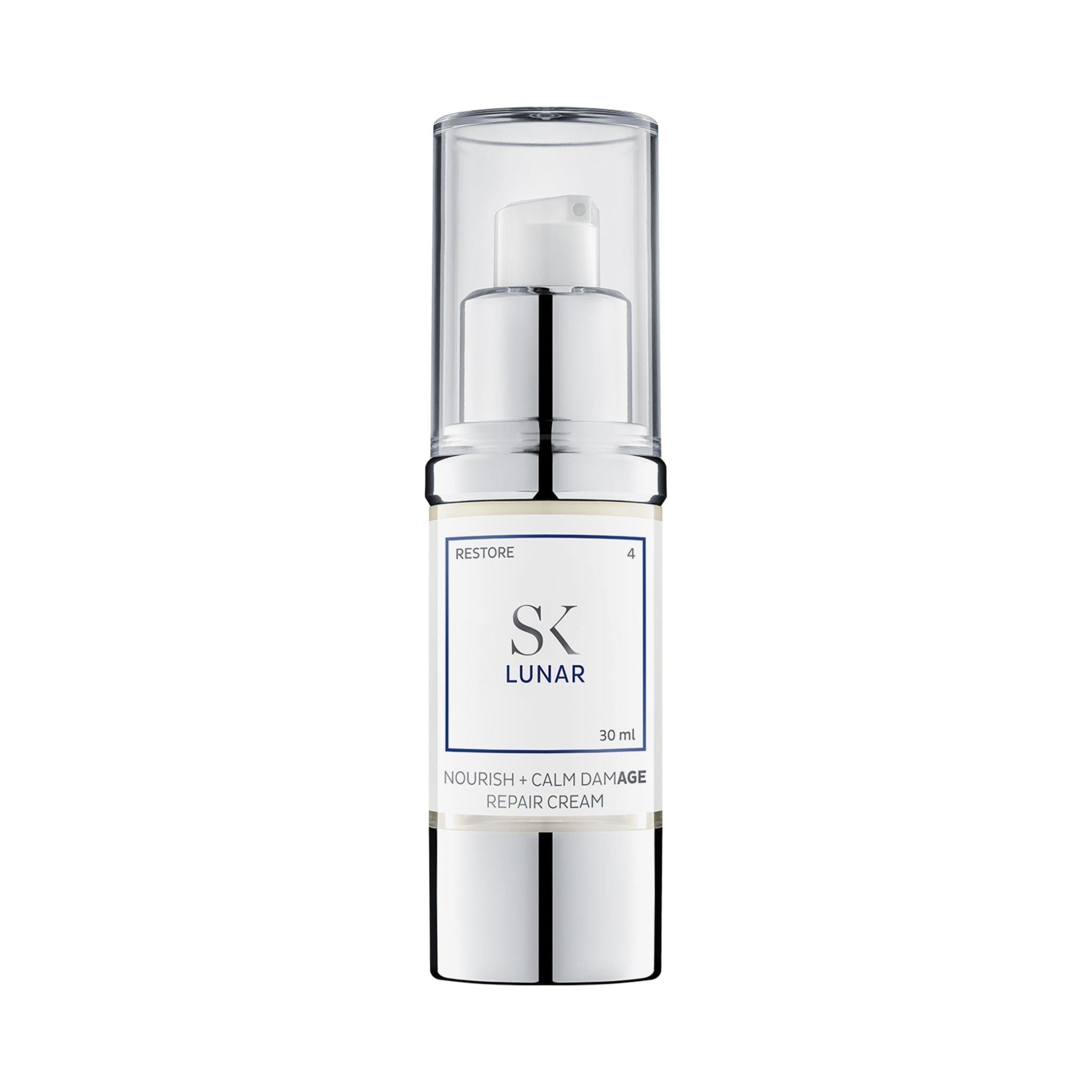 Flacon de crème avec couvercle transparent. Inscription : SK Lunar, 30 ml. Texte : Nourish + Calm Damage Repair Cream.