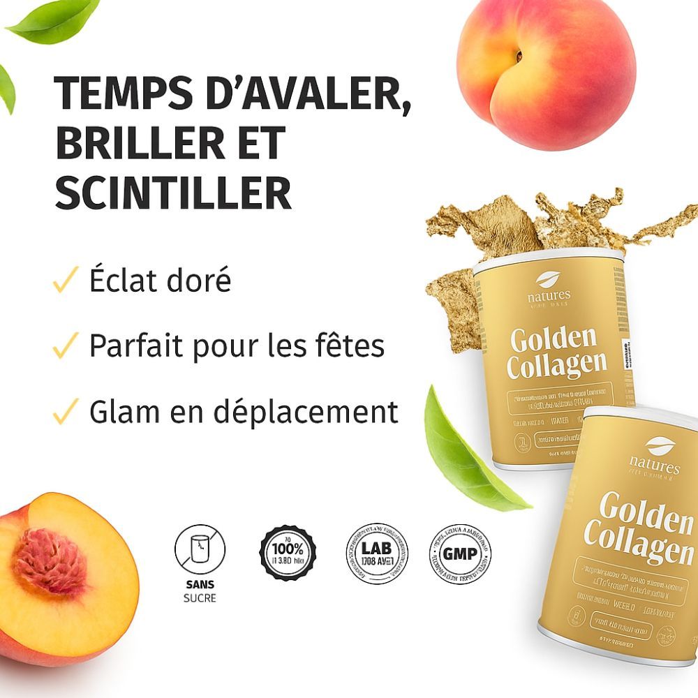 Deux boîtes de Golden Collagen, pêches, éclat doré. Sans sucre, 100% pureté, certification Lab, GMP.
